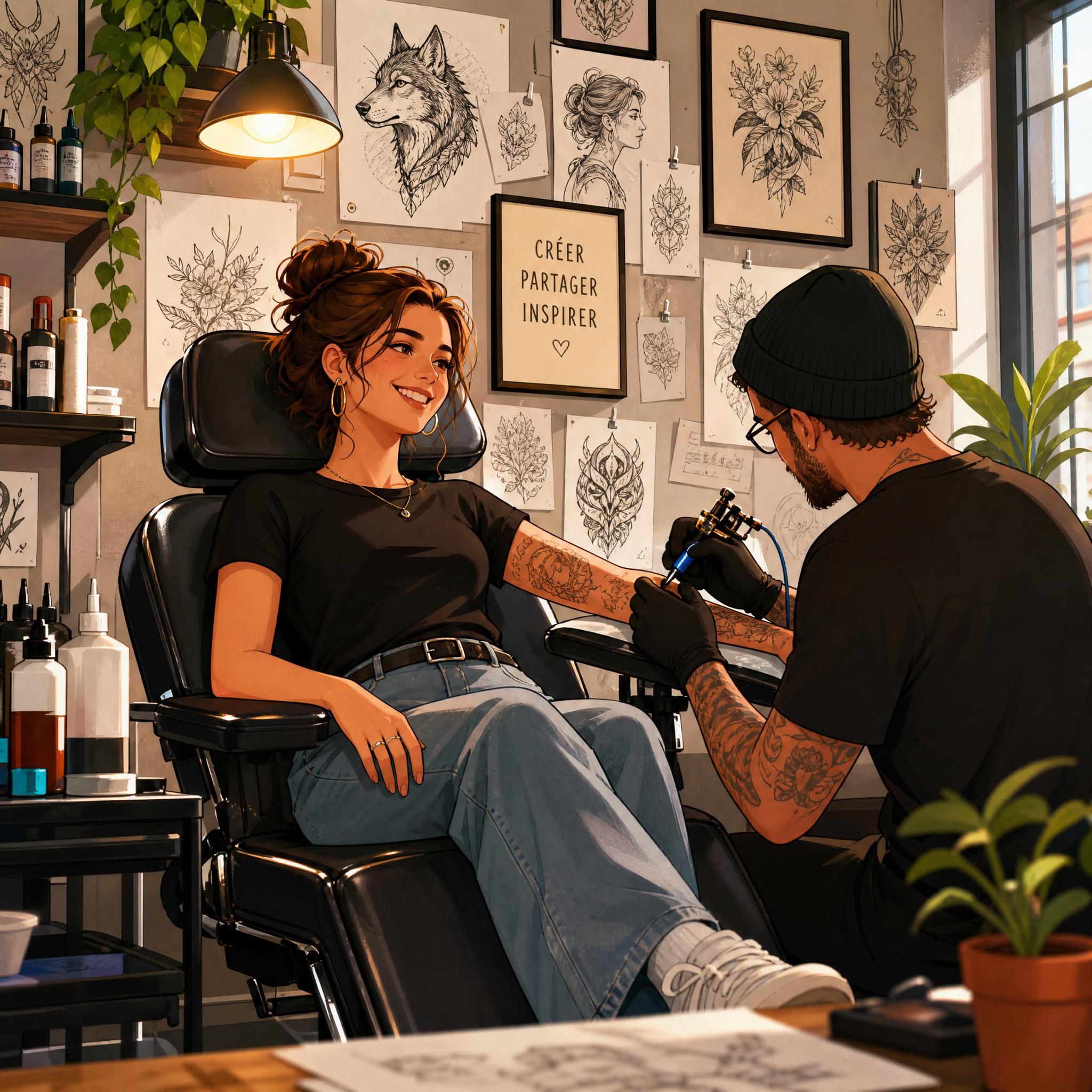 Illustration colorée et chaleureuse d'une personne assise dans un fauteuil de tatoueur, entourée d'esquisses et de dessins sur les murs du studio, ambiance artistique et bienveillante