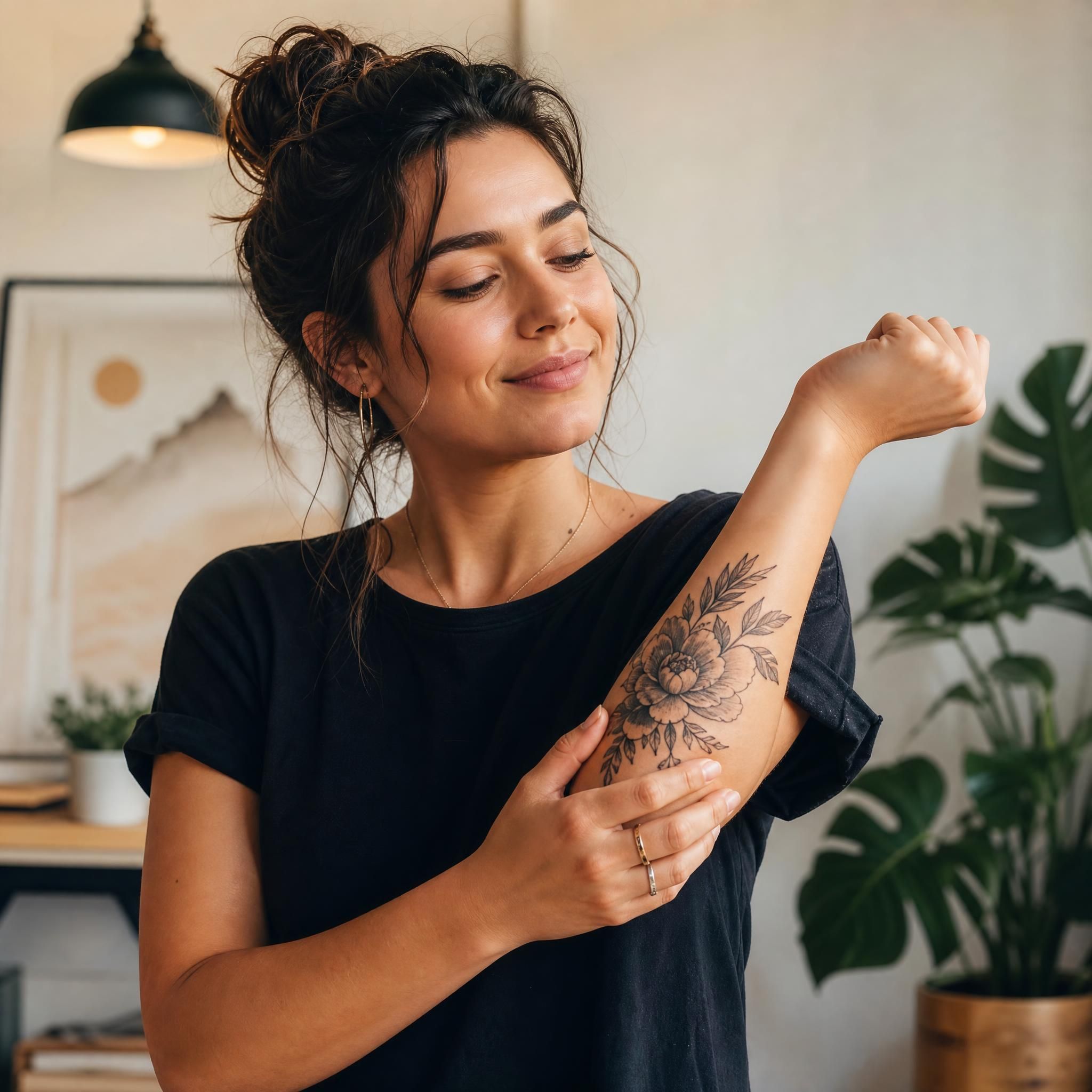 Illustration illustrative d'une personne fière montrant son beau tatouage cicatrisé sur l'avant-bras, style chaleureux et inspirant sans texte