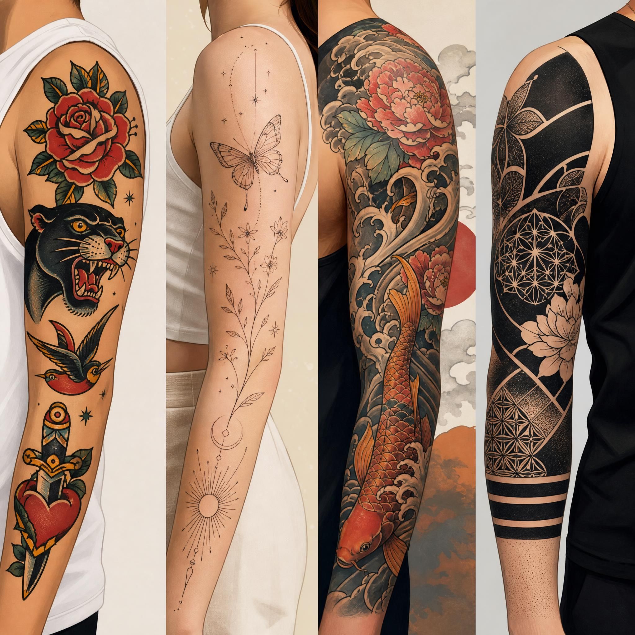 Illustration colorée et illustrative montrant plusieurs styles de tatouage côte à côte — traditionnel, fine line, japonais, blackwork — sans texte