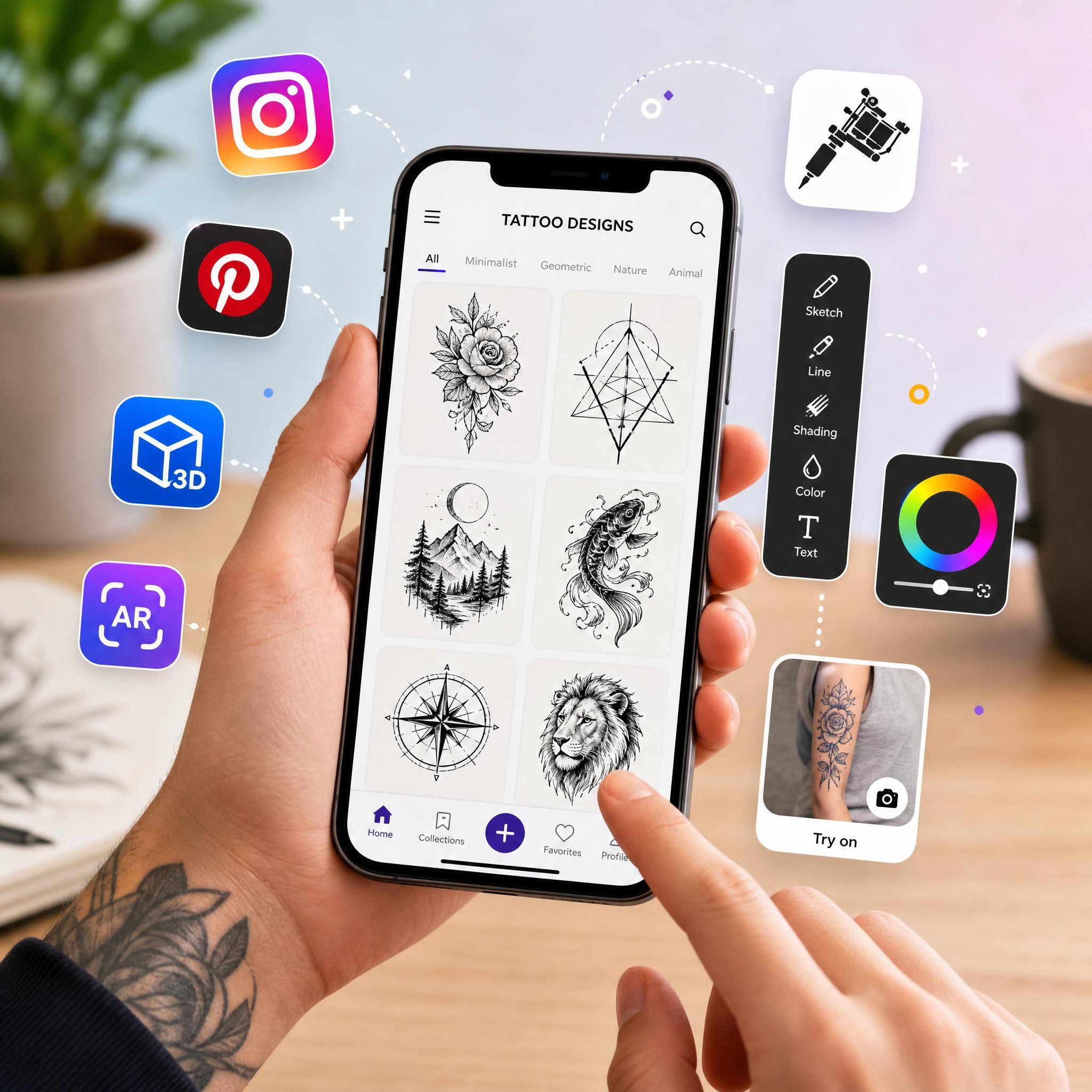 Illustration colorée d'une personne tenant un smartphone avec des designs de tatouage à l'écran, entourée d'icônes d'applications et d'outils numériques