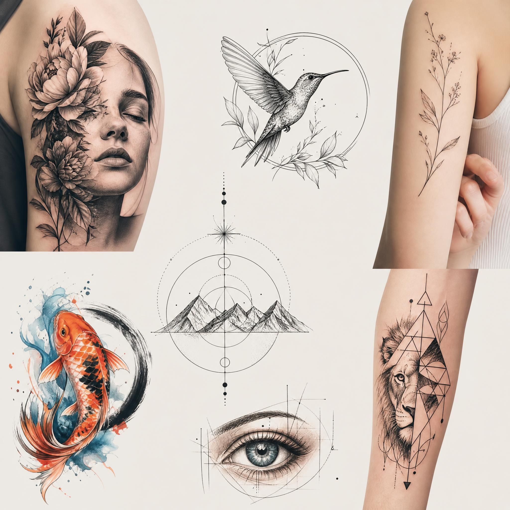Illustration colorée et illustrative de différents styles de tatouage modernes – micro-réalisme, fine line, géométrique – disposés harmonieusement sur un fond neutre, sans texte