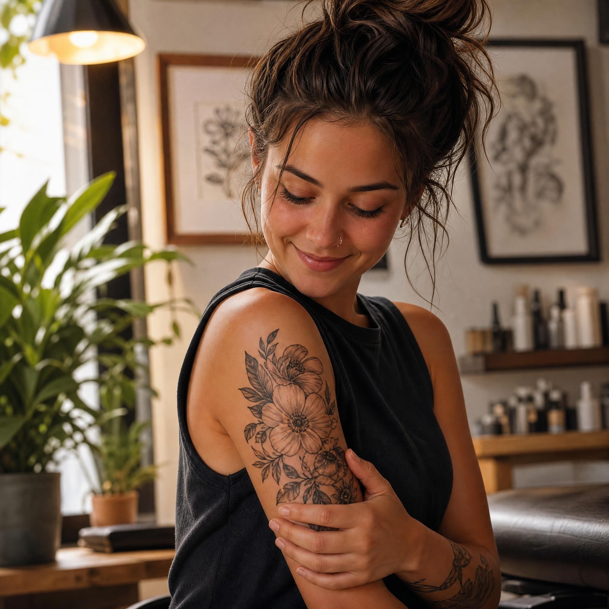 Illustration illustrative d'une personne admirant son nouveau tatouage avec satisfaction, ambiance chaleureuse et positive, sans texte