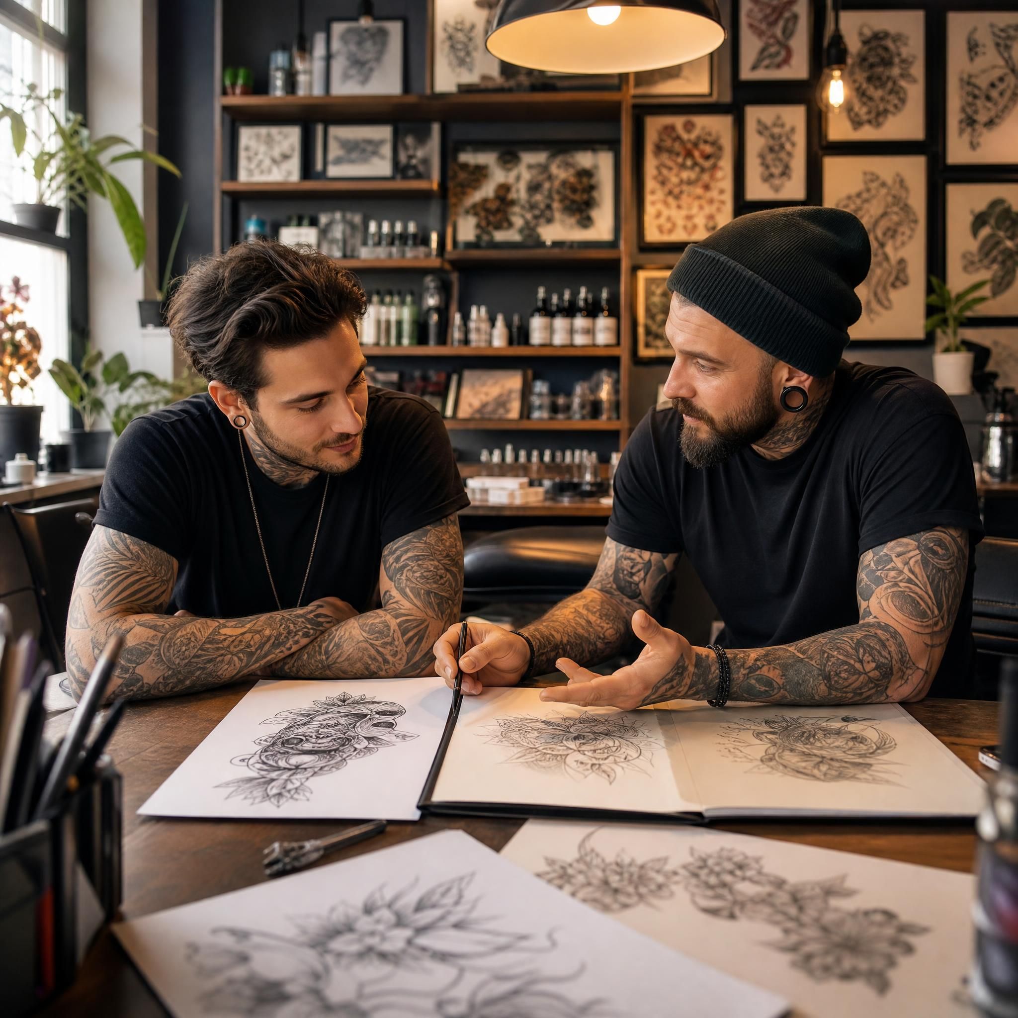 Illustration inspirante d'un tatoueur et son client en pleine discussion créative autour d'esquisses, ambiance studio artistique chaleureuse, sans texte