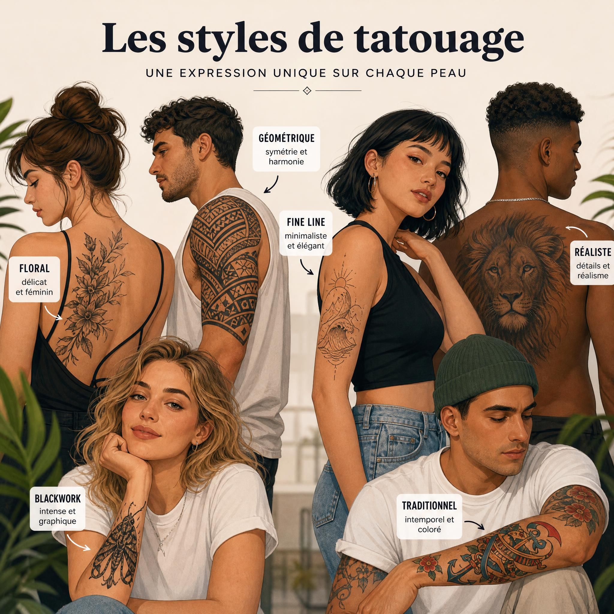 Illustration illustrative et inspirante montrant une diversité de styles de tatouage sur différentes parties du corps, ambiance artistique et positive