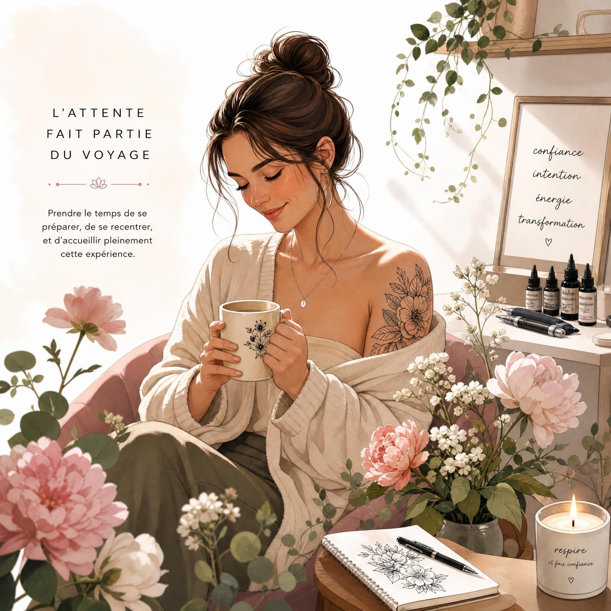 Illustration douce et bienveillante représentant une femme entourée de fleurs, symbolisant l'attente et la préparation avant un tatouage