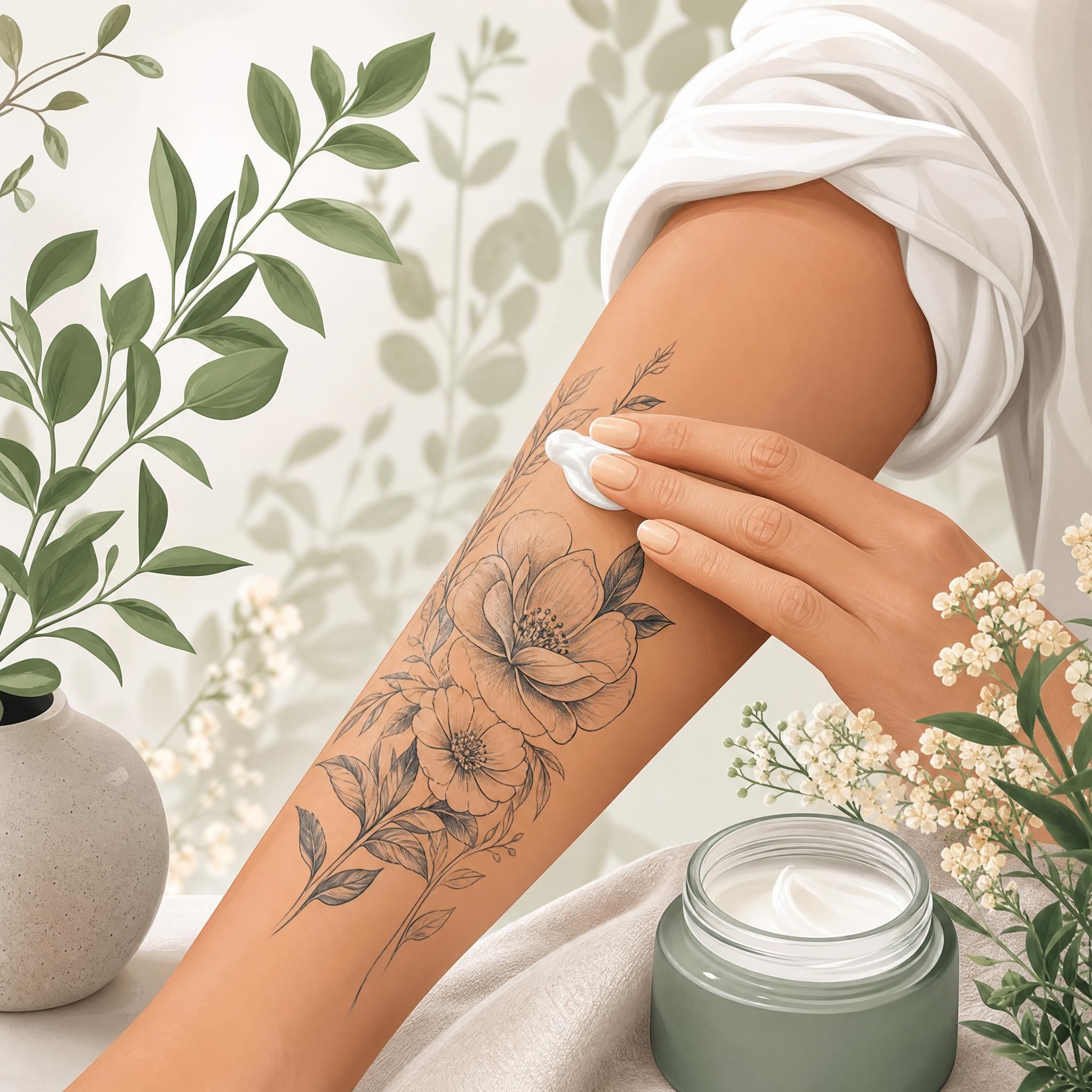 Illustration illustrative et apaisante d'une main appliquant délicatement une crème sur un tatouage, entourée d'éléments botaniques doux, sans texte