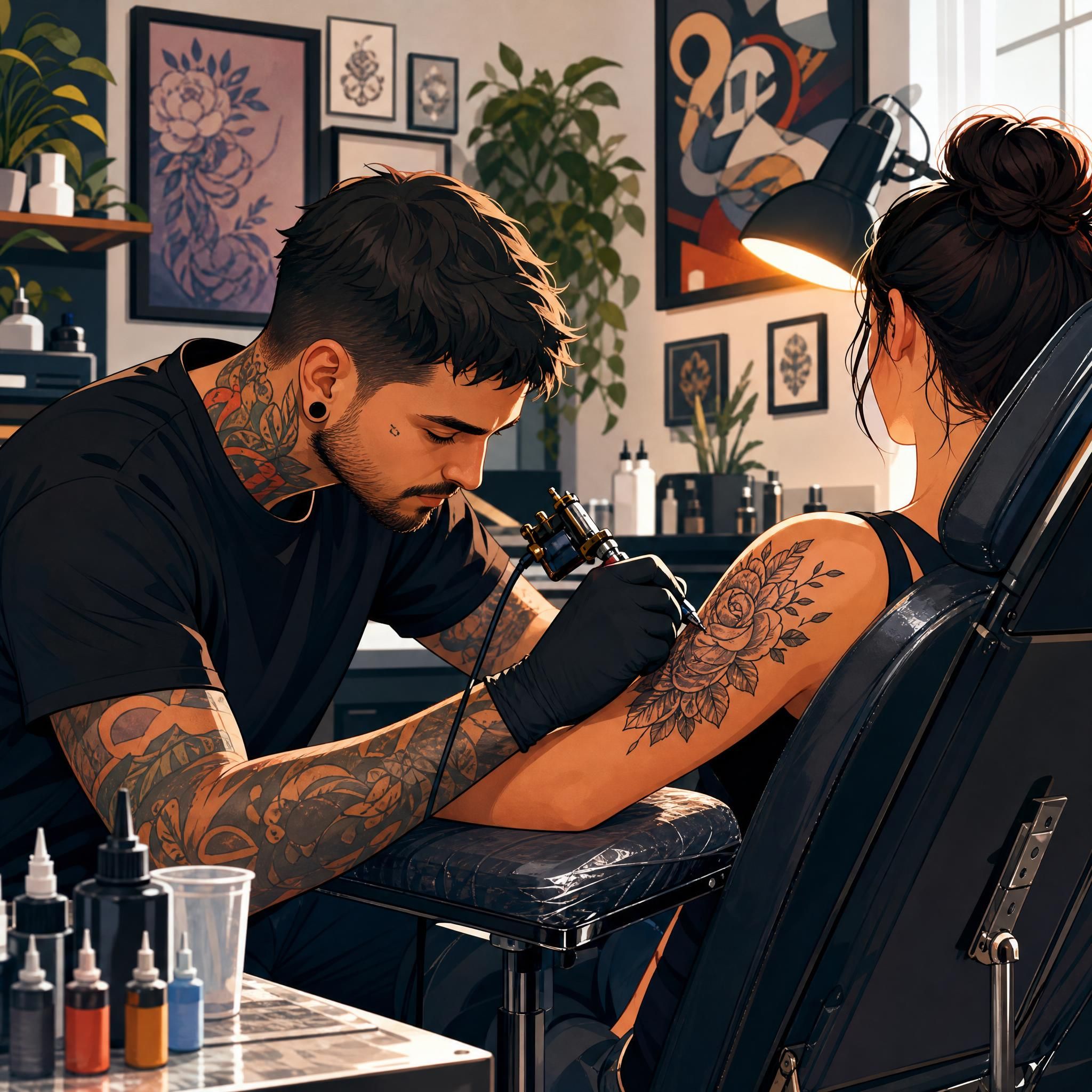 Illustration colorée et moderne d'un tatoueur au travail dans un studio, style illustratif sans texte