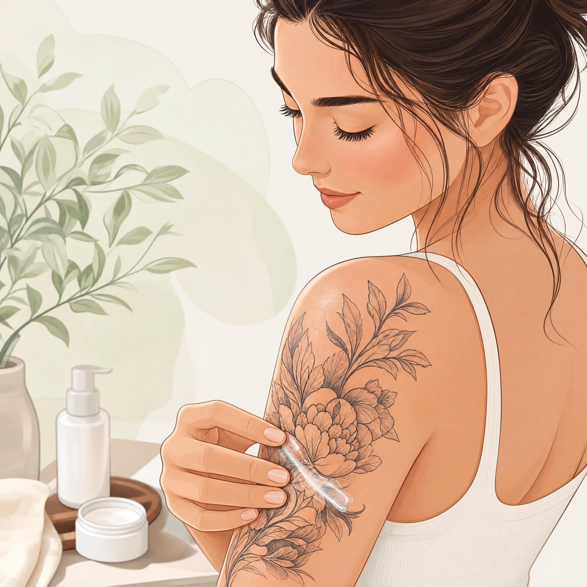 Illustration apaisante d'une peau bien hydratée avec un tatouage en cours de cicatrisation, style illustratif doux sans texte
