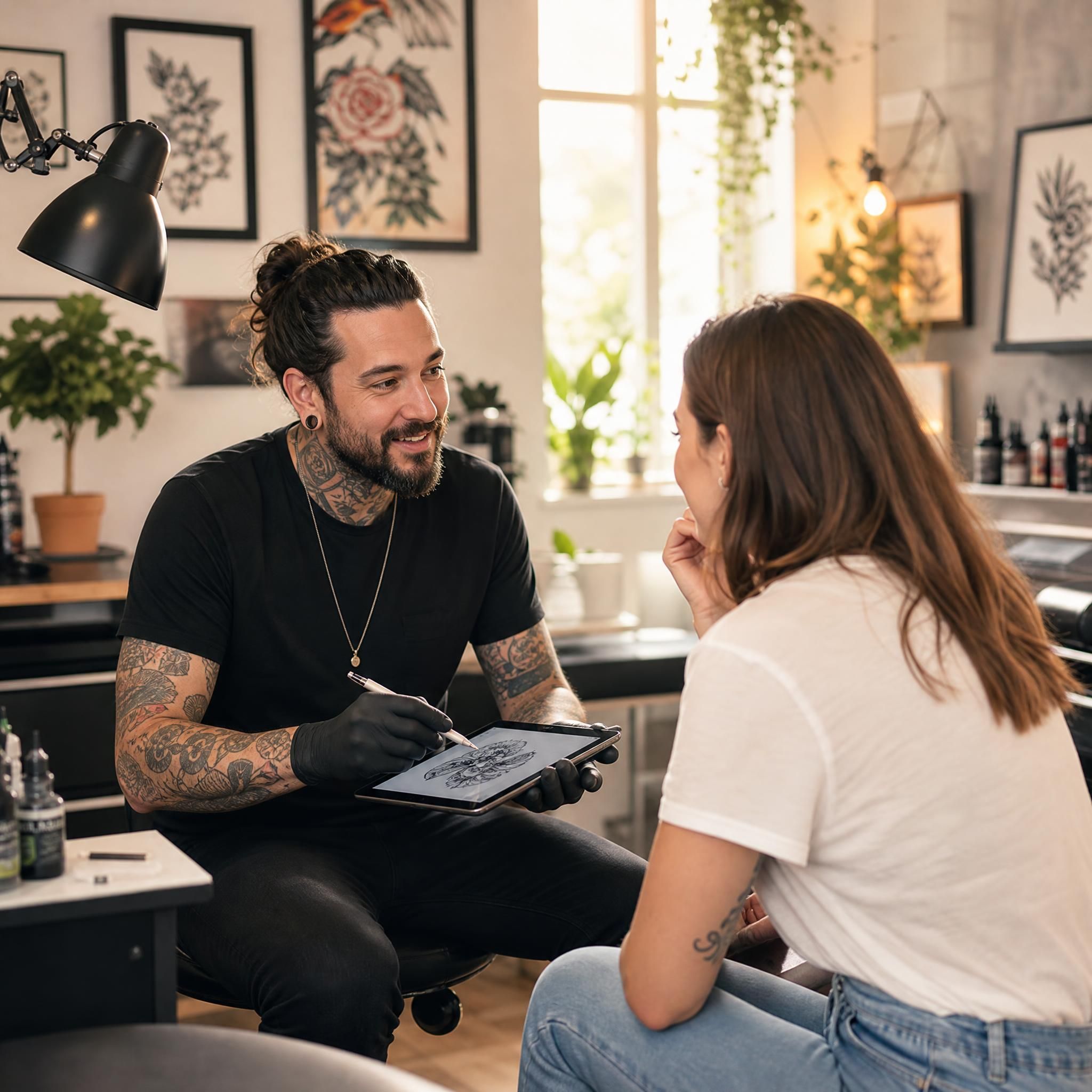 Illustration chaleureuse et illustrative d'un tatoueur professionnel en consultation avec un client, dans un salon lumineux et bienveillant, sans texte