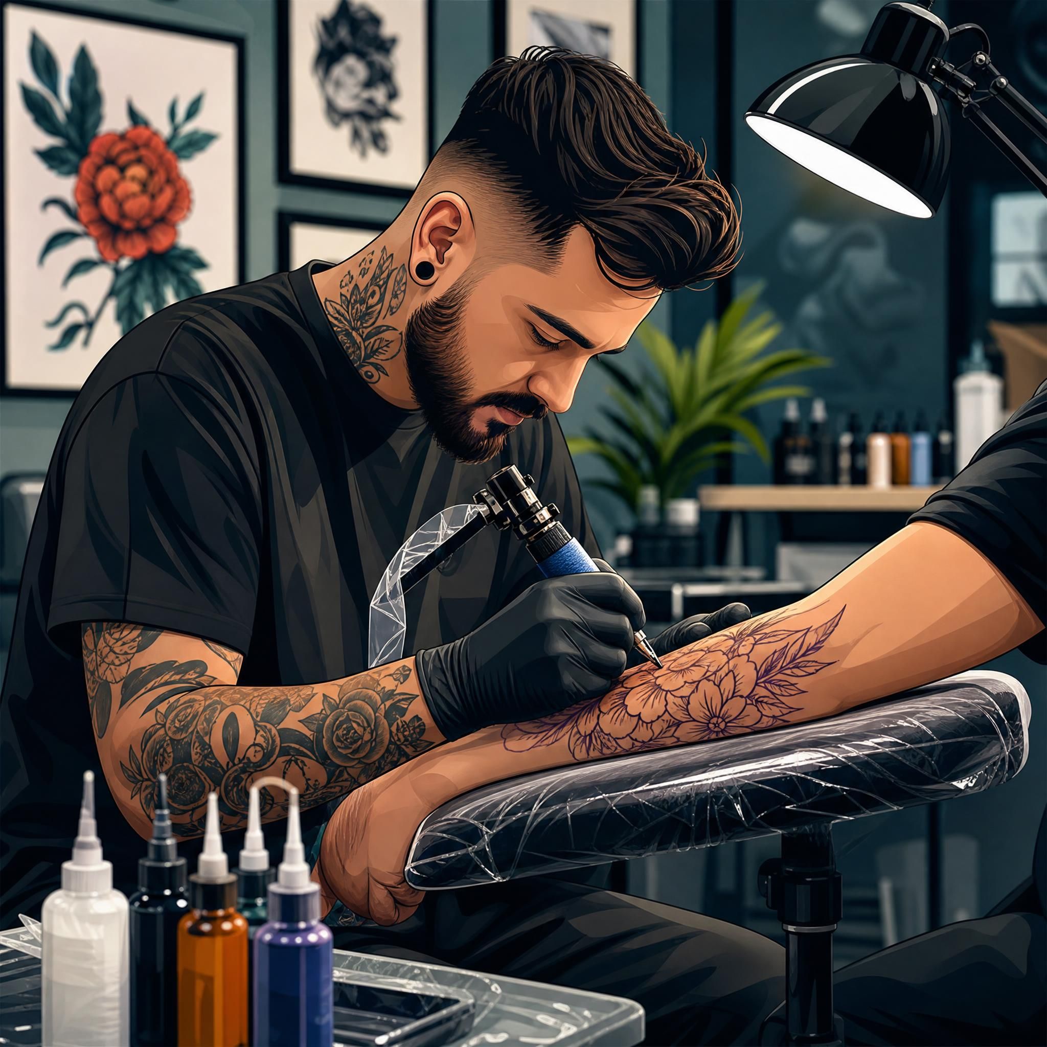 Illustration illustrative d'un tatoueur professionnel au travail avec des outils modernes, style graphique coloré sans texte