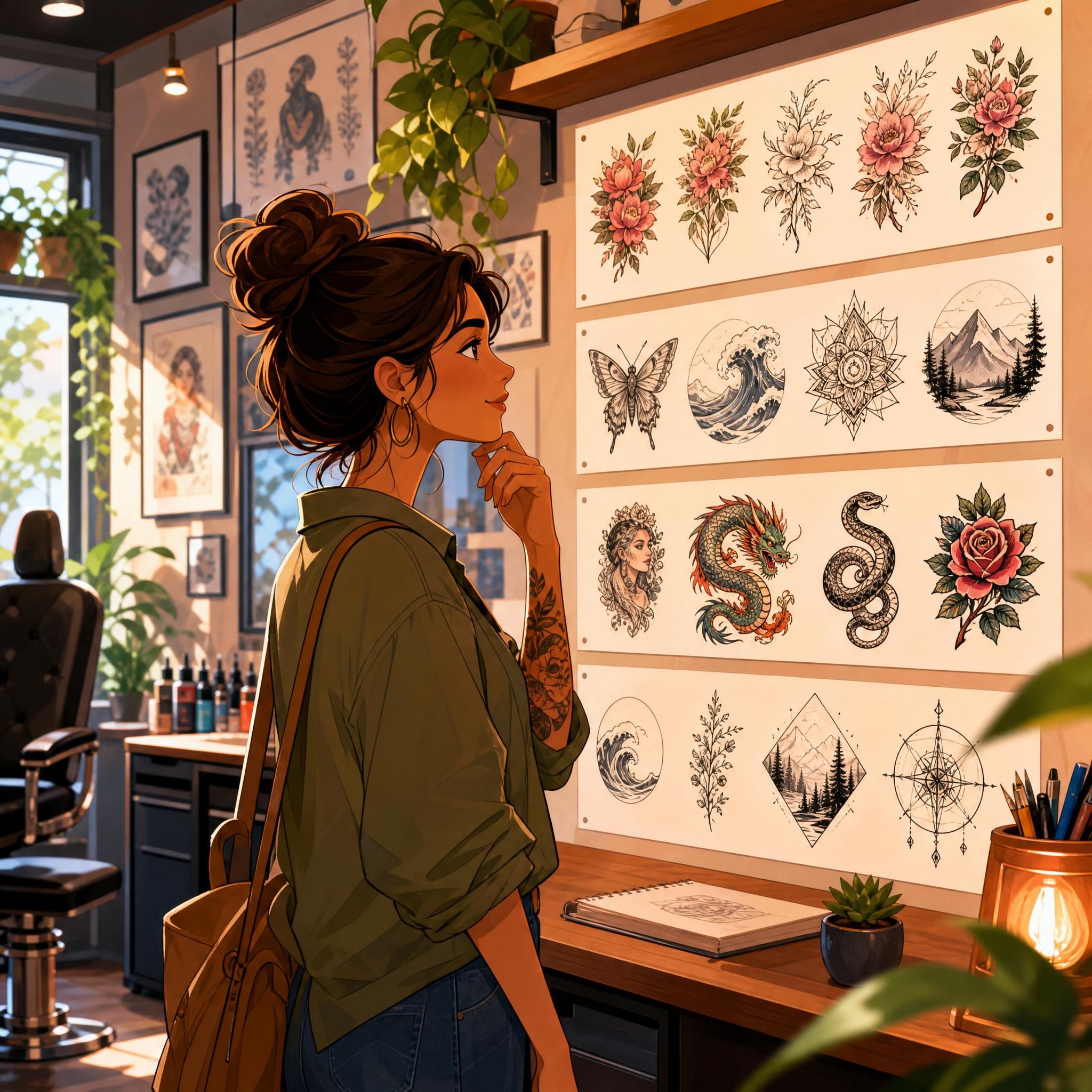 Illustration colorée et illustrative d'une personne découvrant différents styles de tatouage, ambiance chaleureuse et inspirante, sans texte