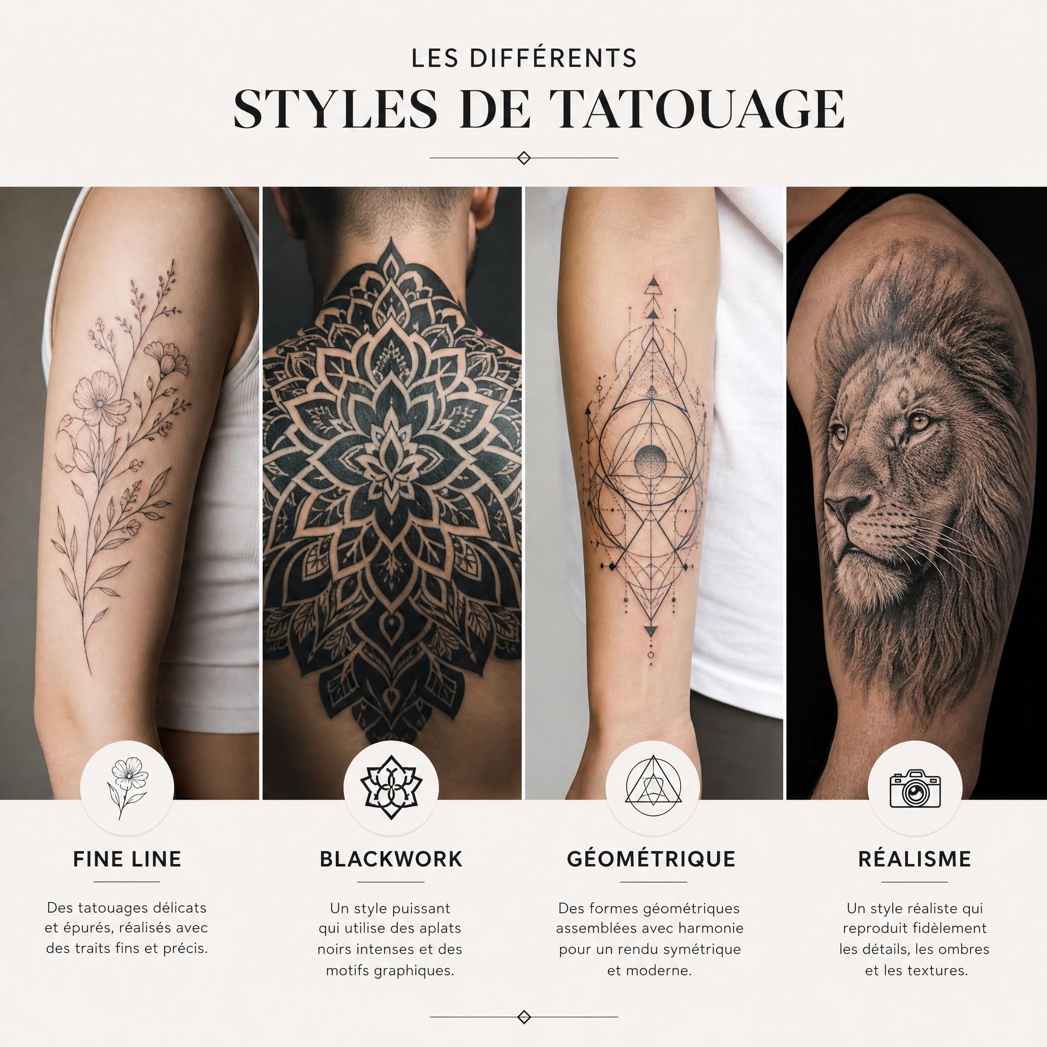 Illustration graphique représentant différents styles de tatouage - fine line, blackwork, géométrique, réalisme - en mosaïque illustrative