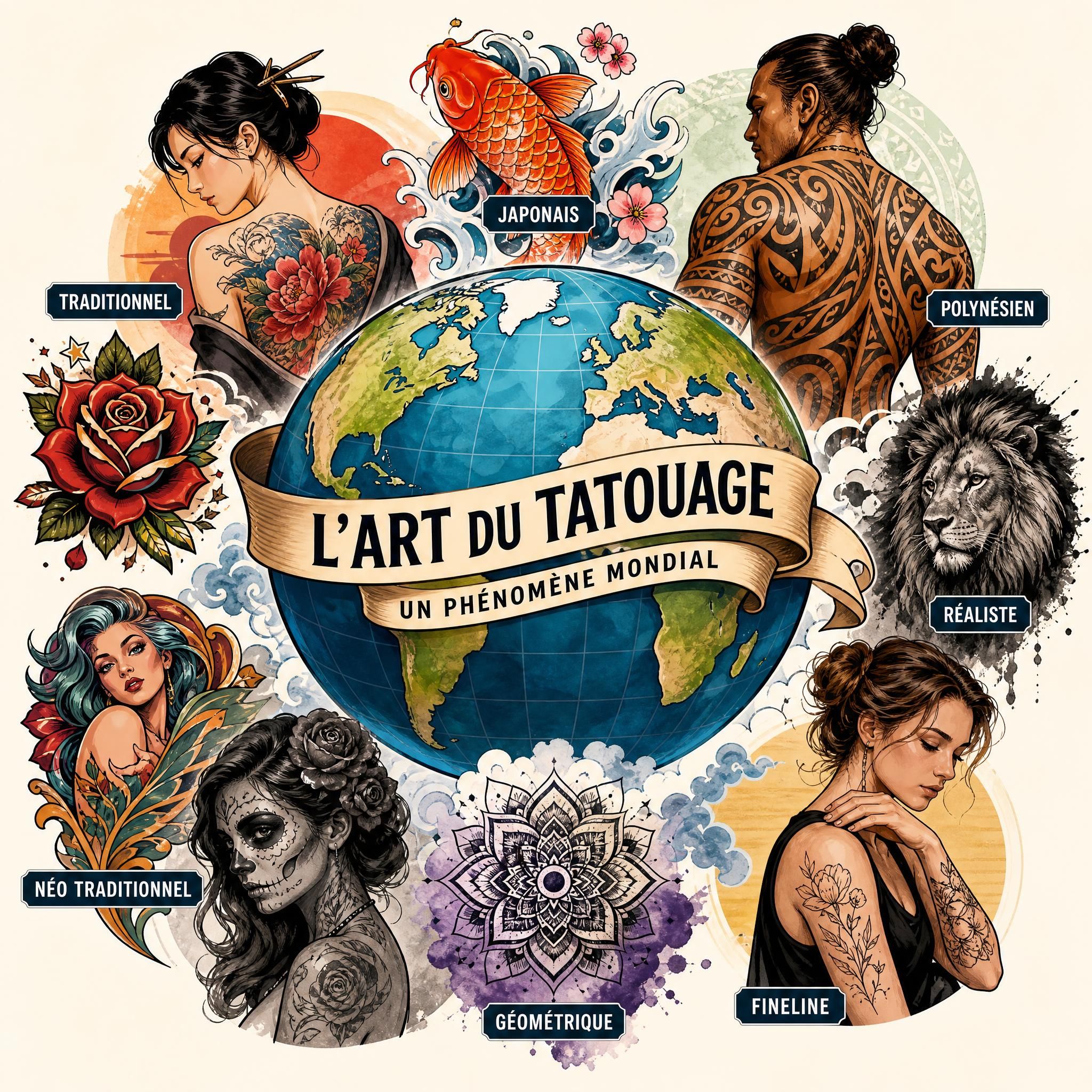 Illustration colorée et illustrative représentant différents styles de tatouage autour d'un globe, symbolisant l'essor mondial de l'art du tatouage