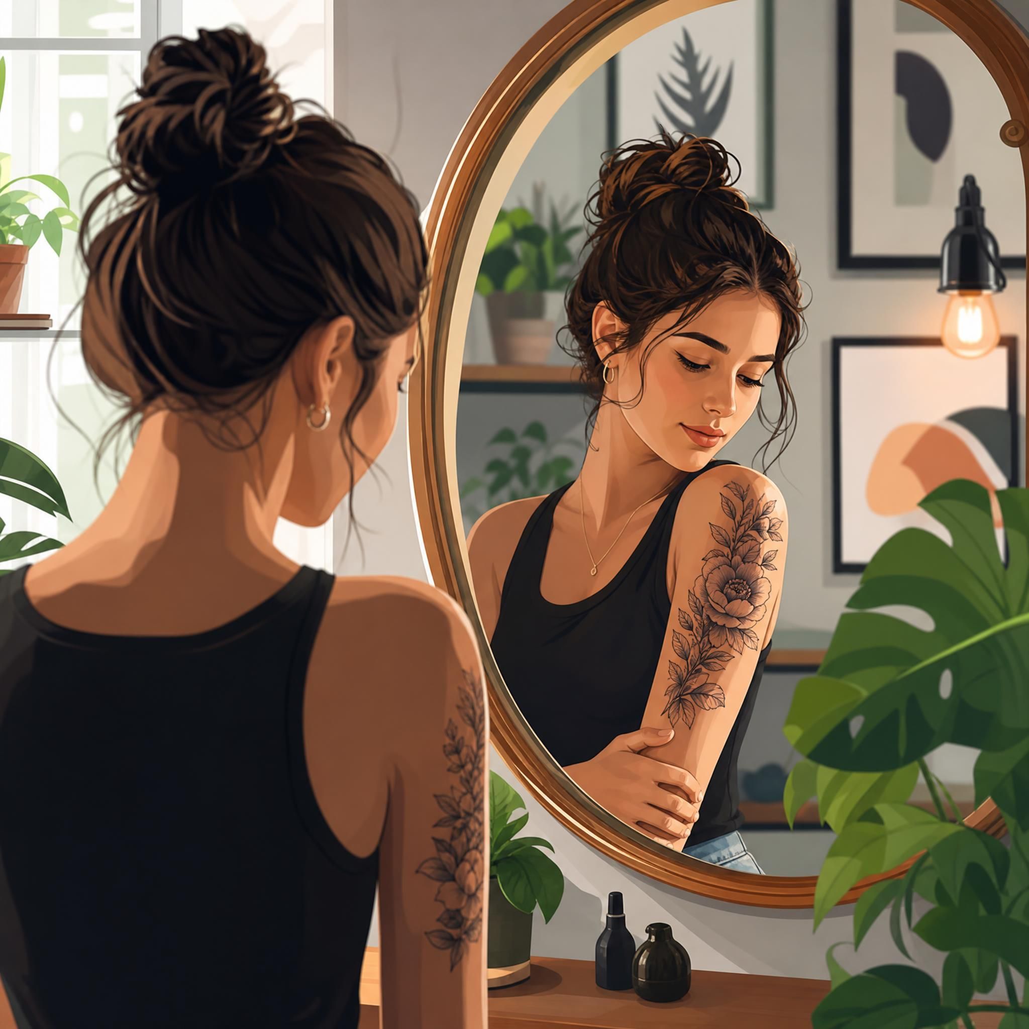 Illustration colorée et illustrative montrant une personne réfléchissant devant un miroir avec un tatouage frais sur le bras, style artistique sans texte