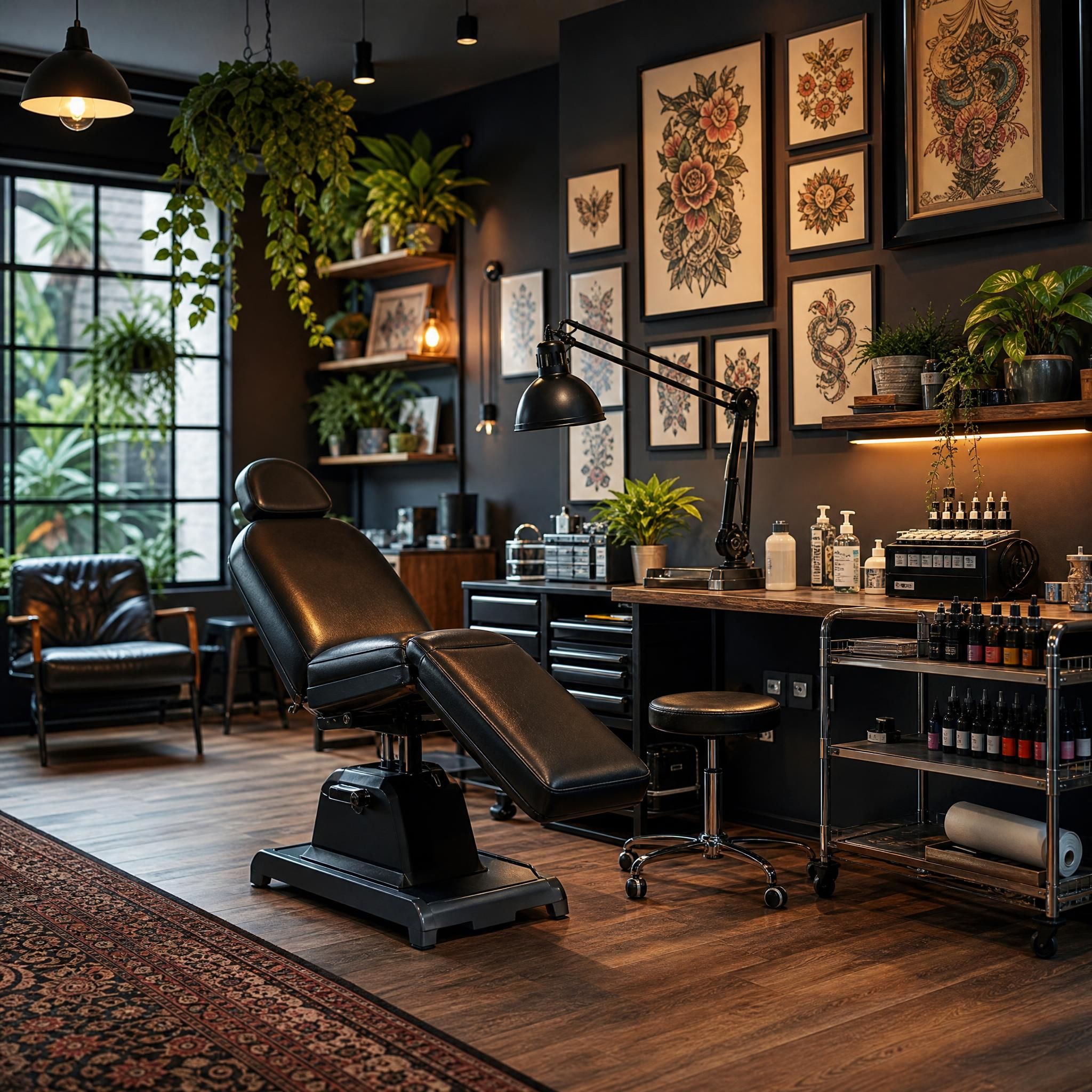 Illustration illustrative d'un studio de tatouage moderne et accueillant avec du matériel professionnel, des plantes vertes et une ambiance chaleureuse, sans texte