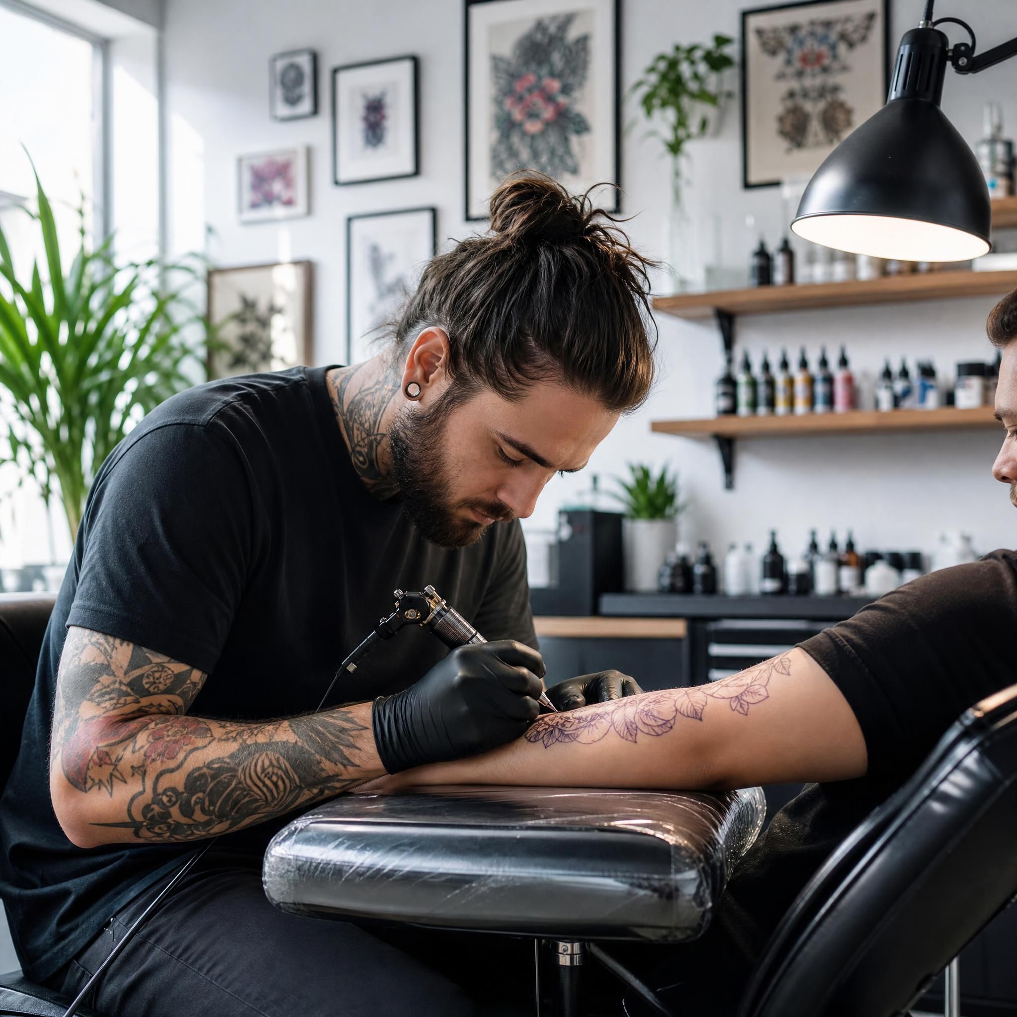 Illustration illustrative d'un tatoueur au travail dans un studio propre et lumineux, ambiance professionnelle et artistique, sans texte