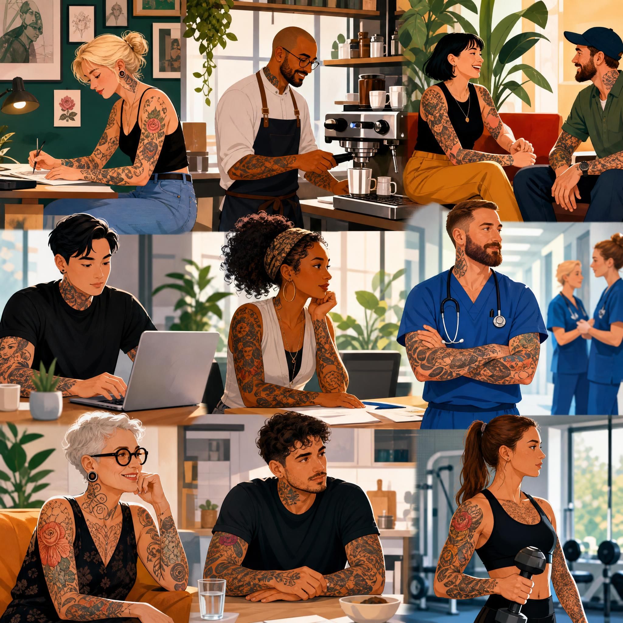 Illustration colorée et illustrative montrant une diversité de personnes tatouées dans différents contextes sociaux et professionnels, sans texte