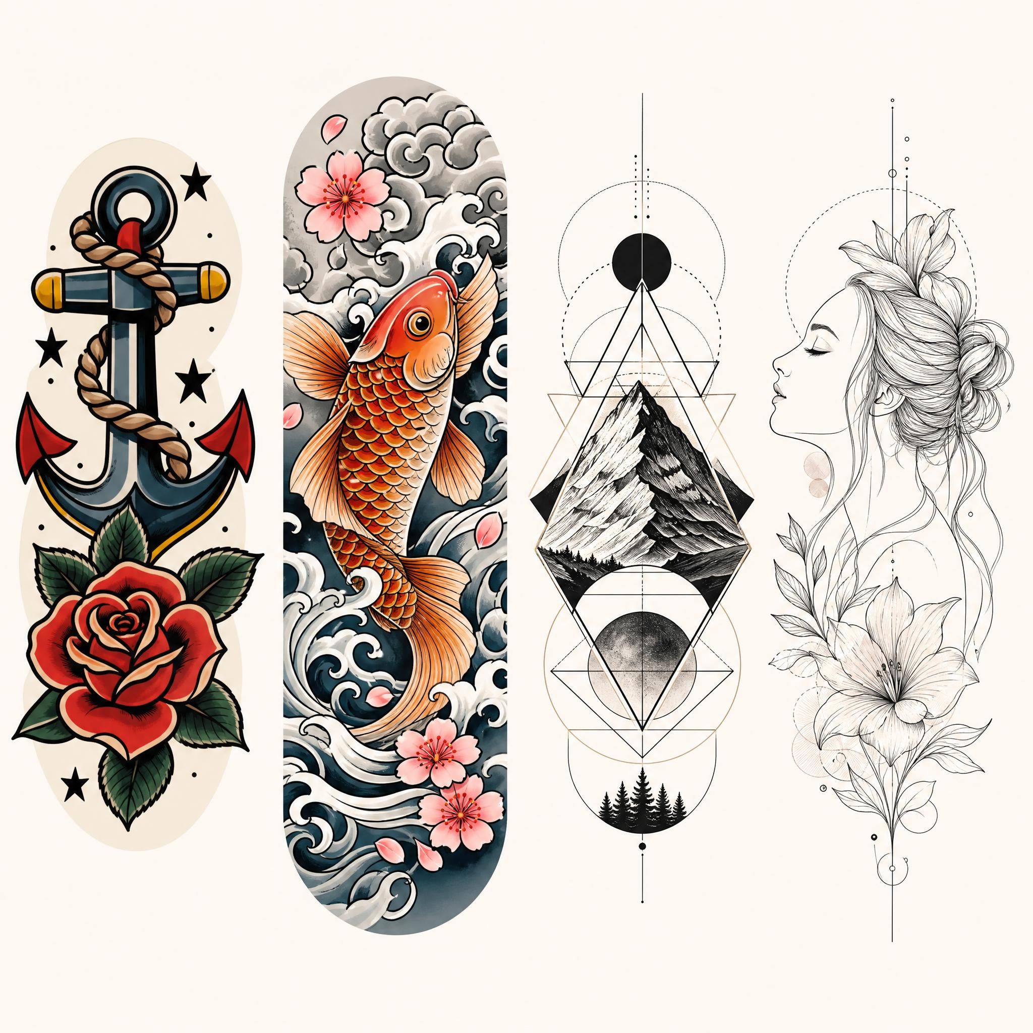 Illustration illustrative montrant une planche de styles de tatouage variés – old school, japonais, géométrique, fine line – dans un style graphique et coloré, sans texte
