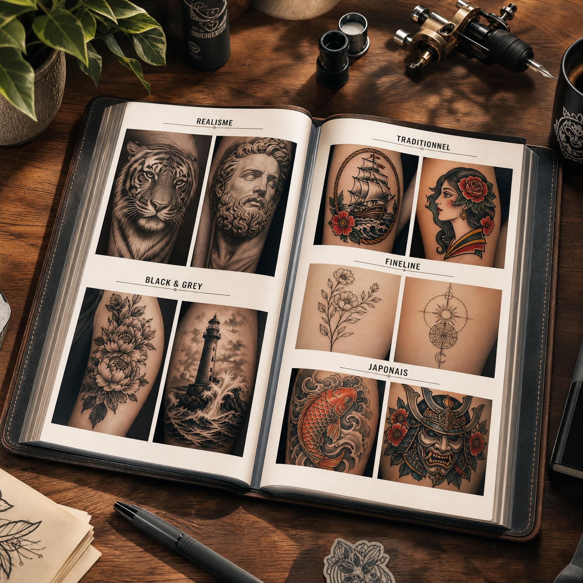 Illustration d'un portfolio de tatoueur ouvert avec des exemples de tatouages dans différents styles, style illustratif chaleureux