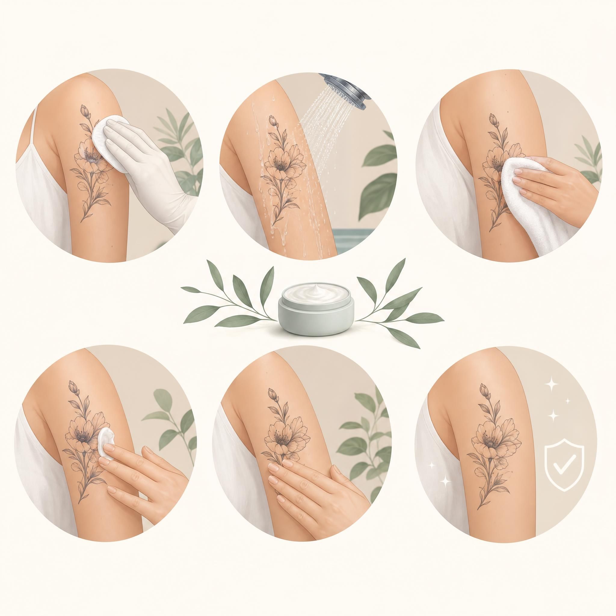 Illustration apaisante montrant les étapes de soin d'un tatouage avec des gestes doux, crème hydratante, style illustration médicale douce sans texte