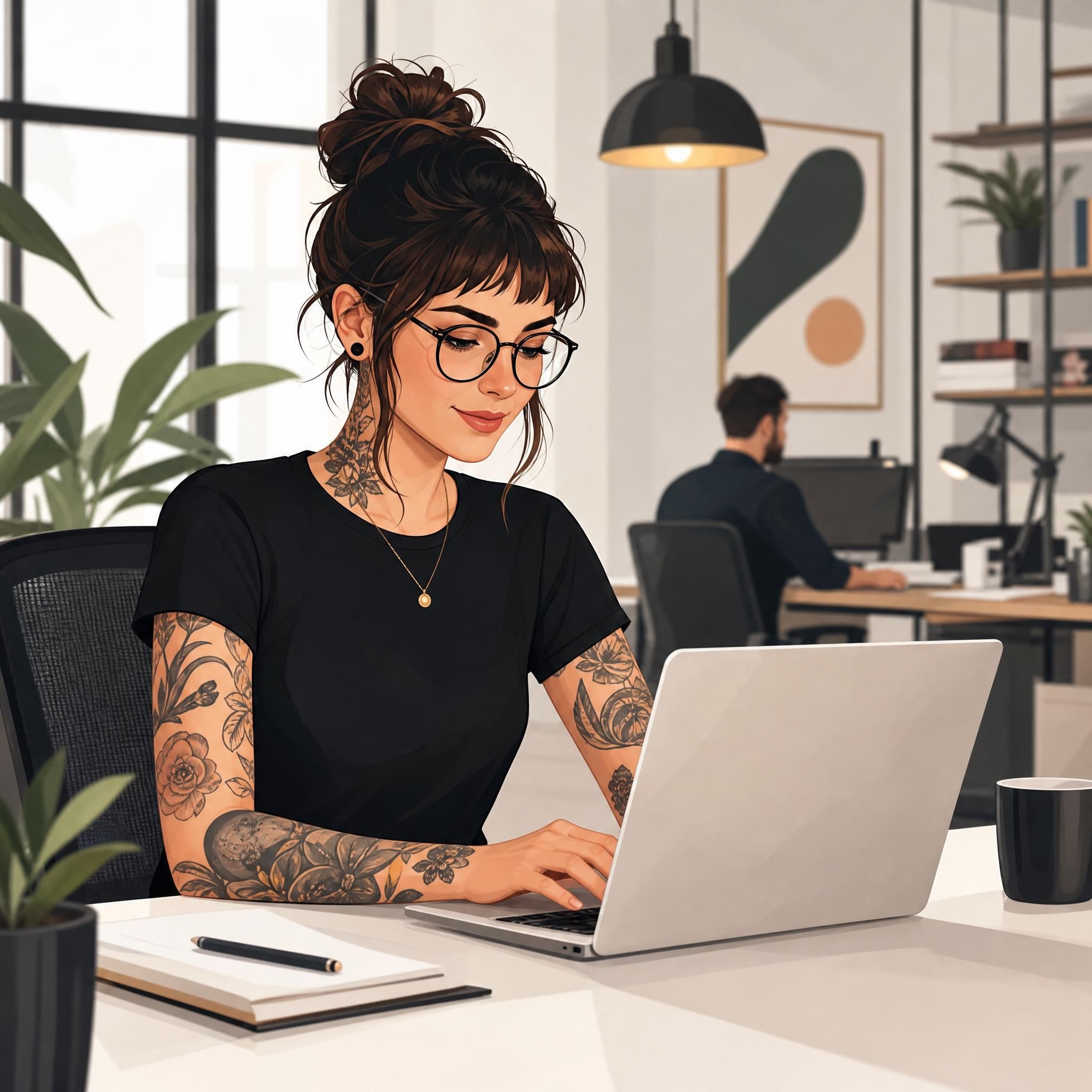 Illustration douce et illustrative d'une personne tatouée dans un environnement professionnel moderne, sans texte
