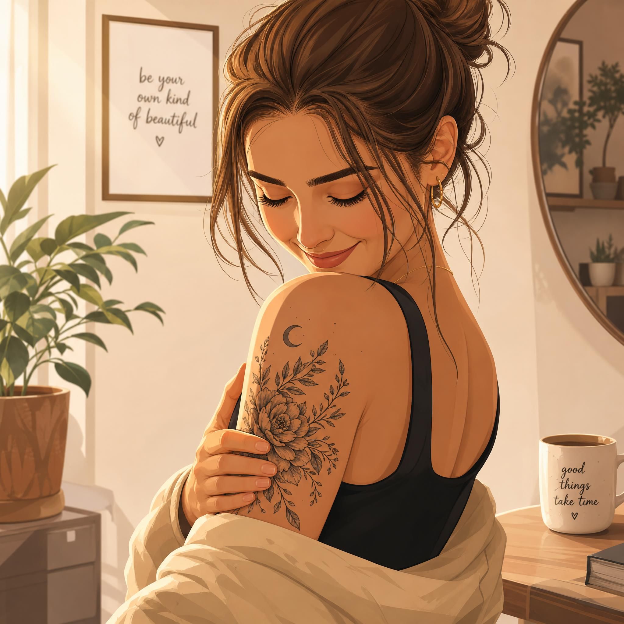 Illustration inspirante d'une personne regardant son tatouage avec fierté, ambiance chaleureuse et positive, style illustratif