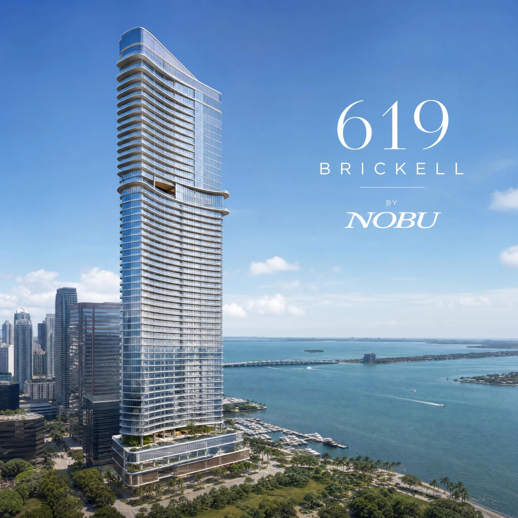 Rendering of the 619 Brickell by Nobu tower, a slender glass skyscraper with twisting cassettes and continuous balcony lines overlooking Biscayne Bay
