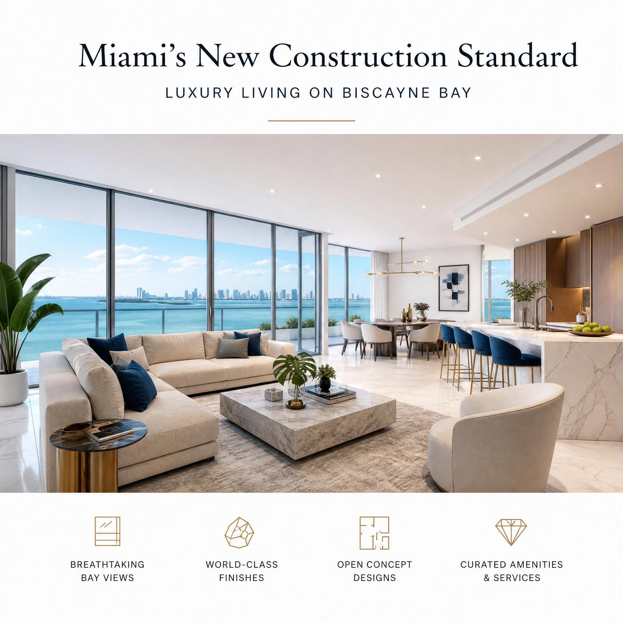 Luxury condo interior with floor-to-ceiling windows overlooking Biscayne Bay, featuring open-plan living, marble finishes, and designer furnishings representing Miami's new construction standard