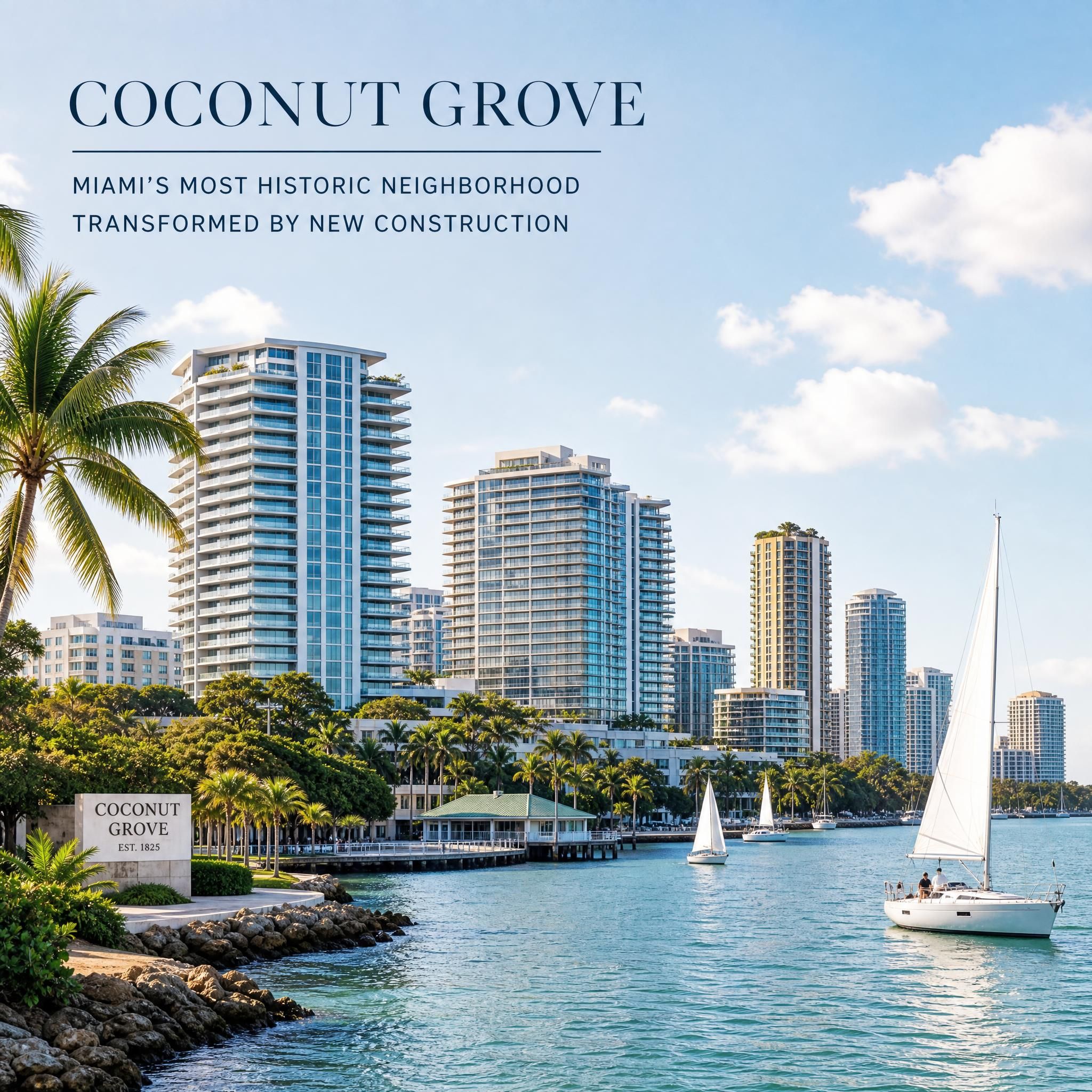 Waterfront view of Coconut Grove with luxury residential towers and sailboats on Biscayne Bay, representing Miami's most historic neighborhood transformed by new construction