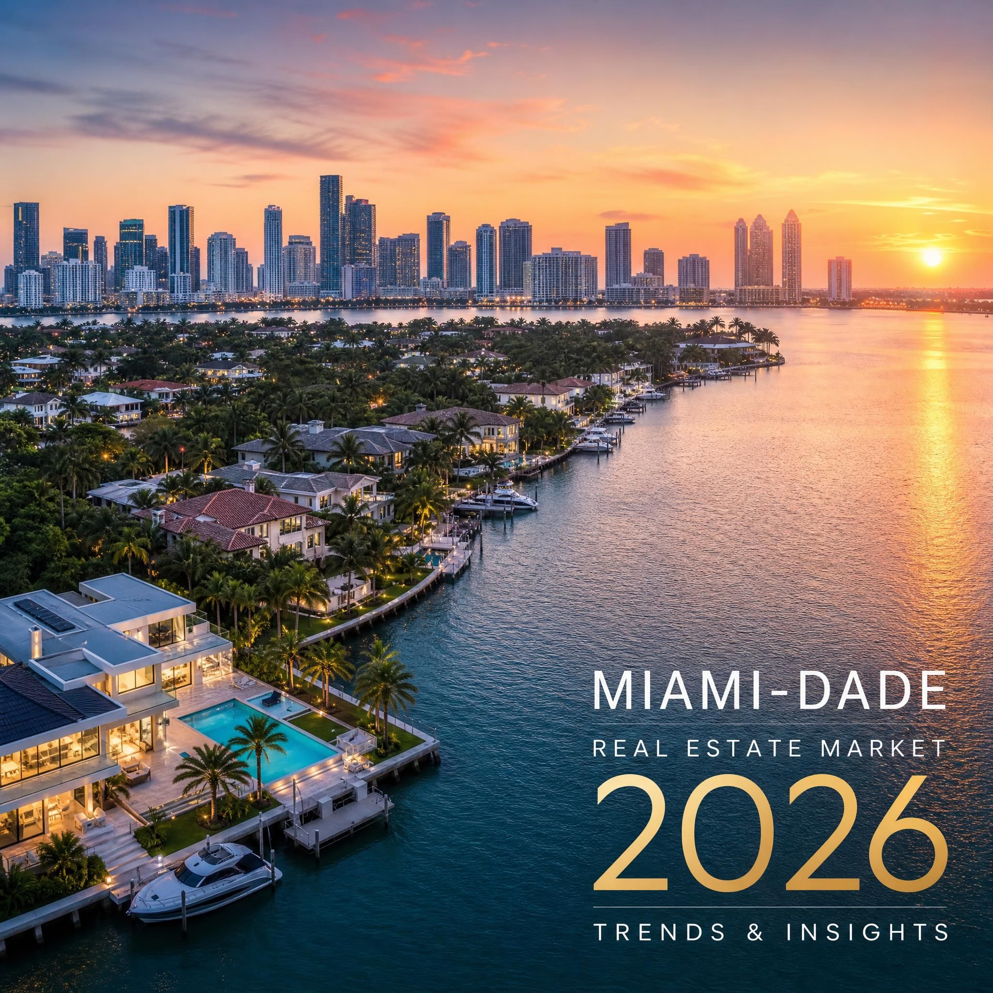 Aerial view of Miami-Dade luxury waterfront properties and skyline at sunset, South Florida real estate market 2026