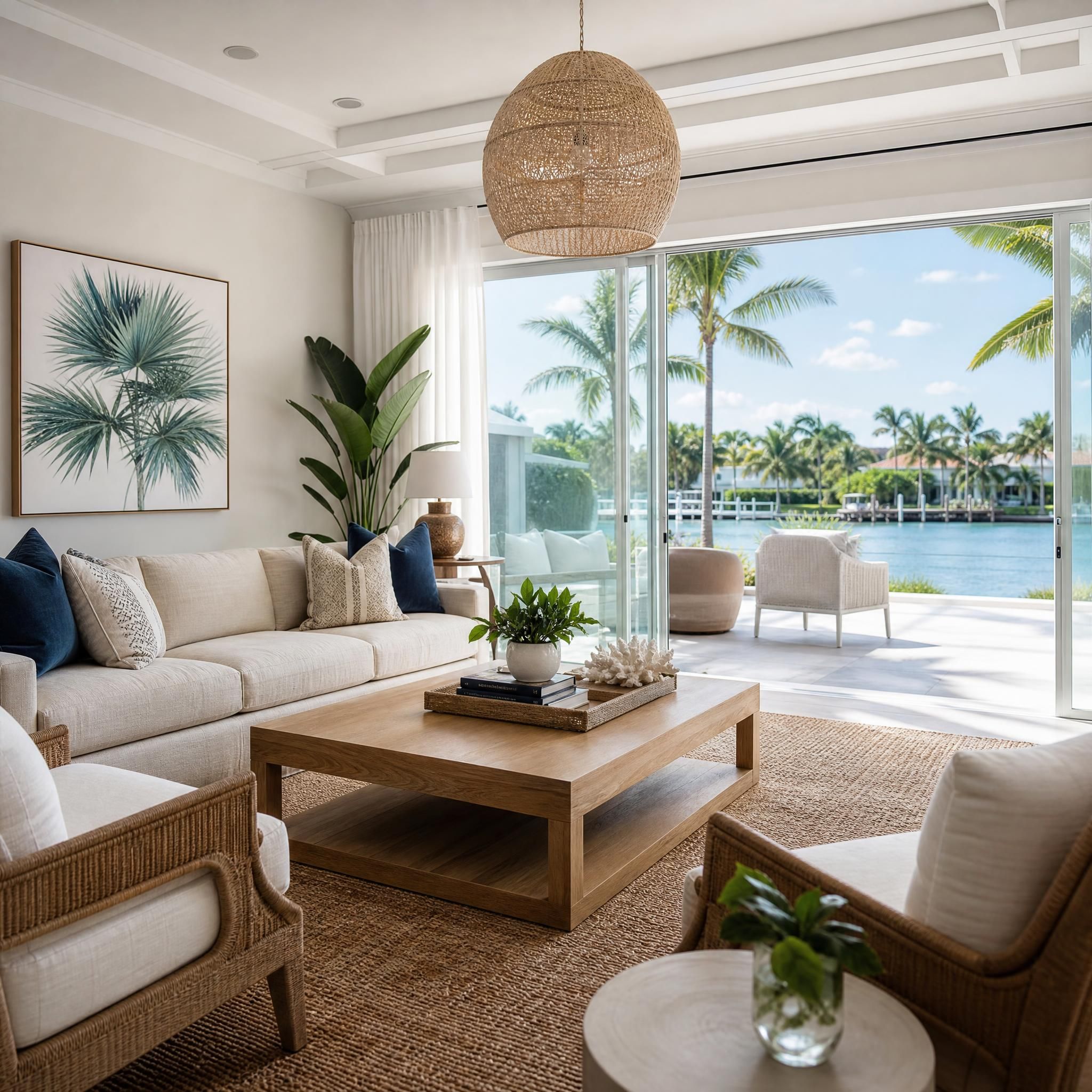 Beautifully staged South Florida living room with neutral tones, natural light, and tropical outdoor view through sliding glass doors