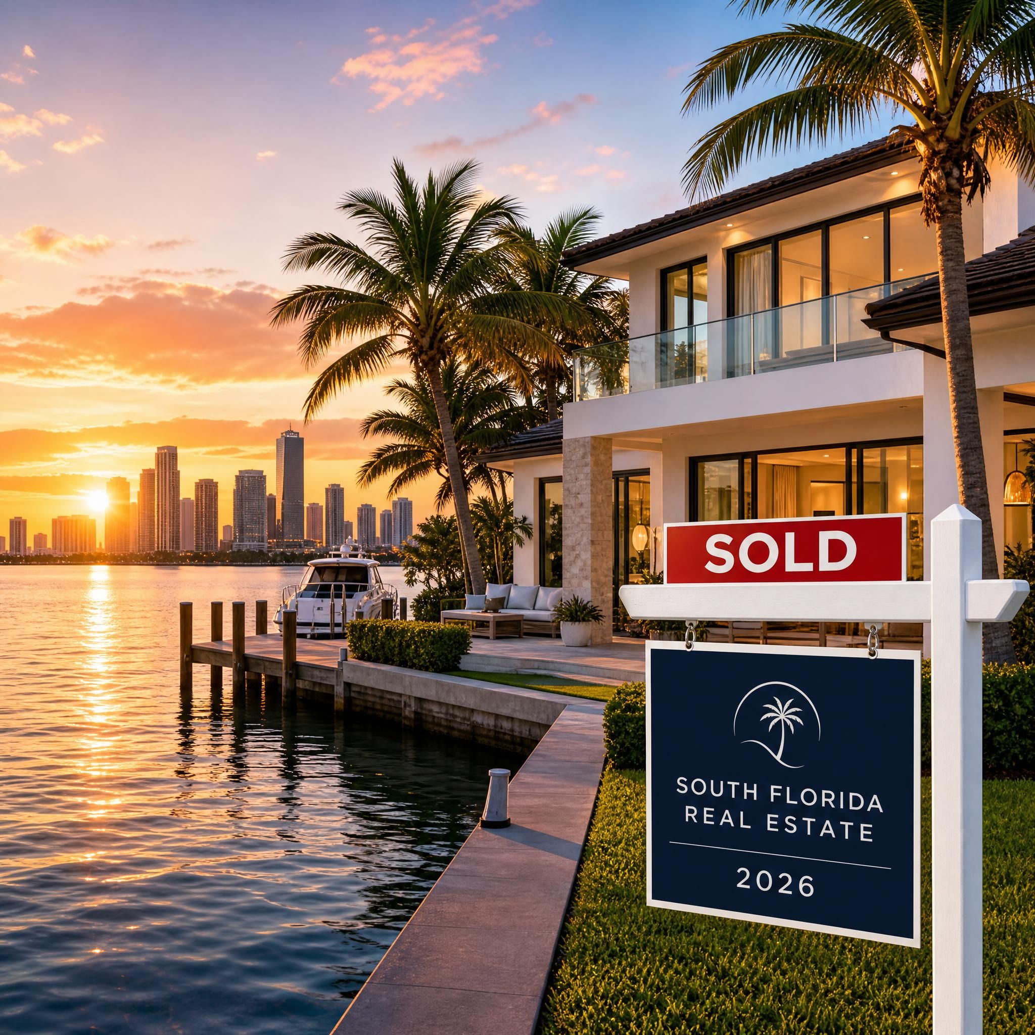 Stunning waterfront property in Miami-Dade County at sunset with sold sign, representing successful home sales in South Florida 2026