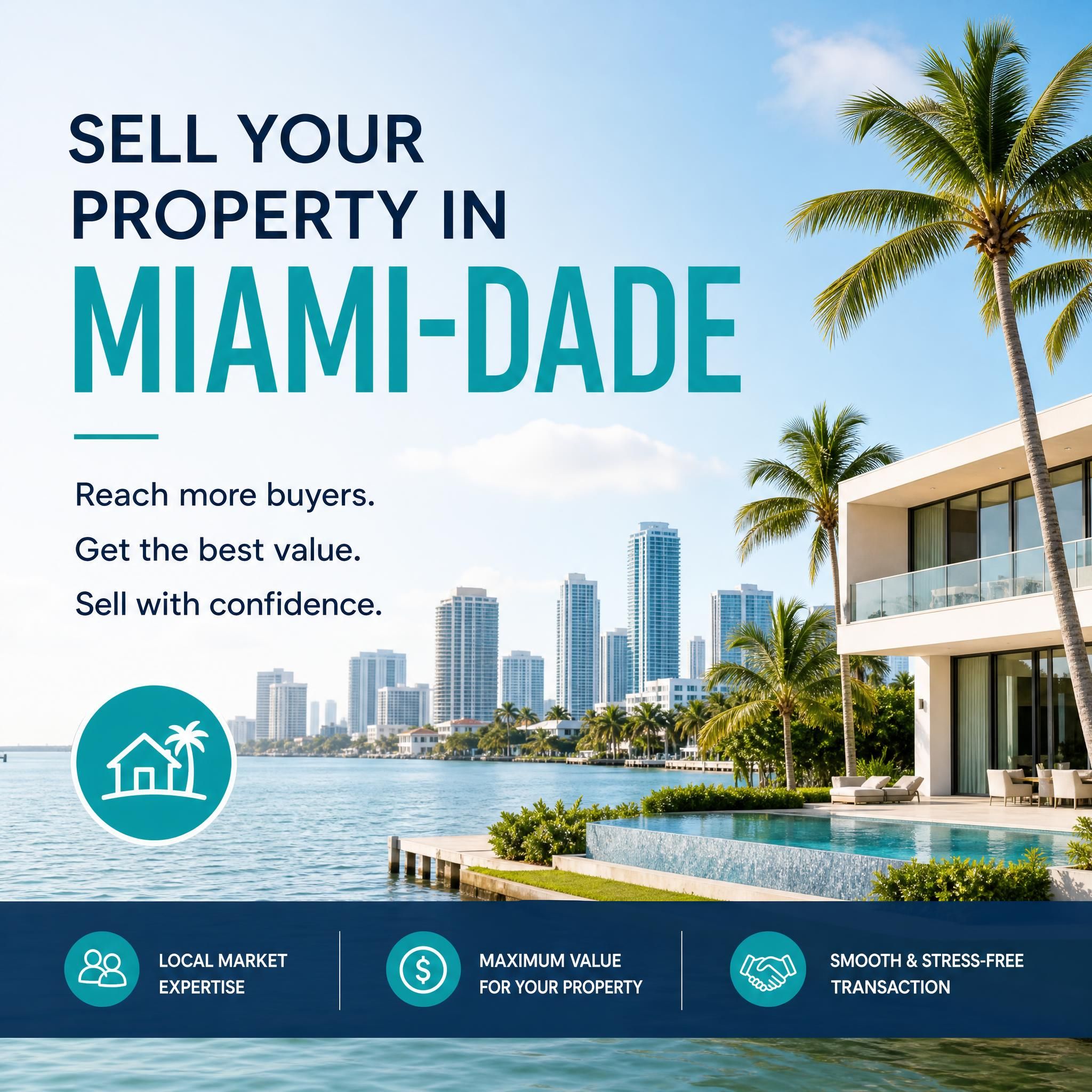 Aerial view of a luxury waterfront home in Miami-Dade County with the Miami skyline in the background, representing South Florida real estate for sellers
![sell property Miami-Dade