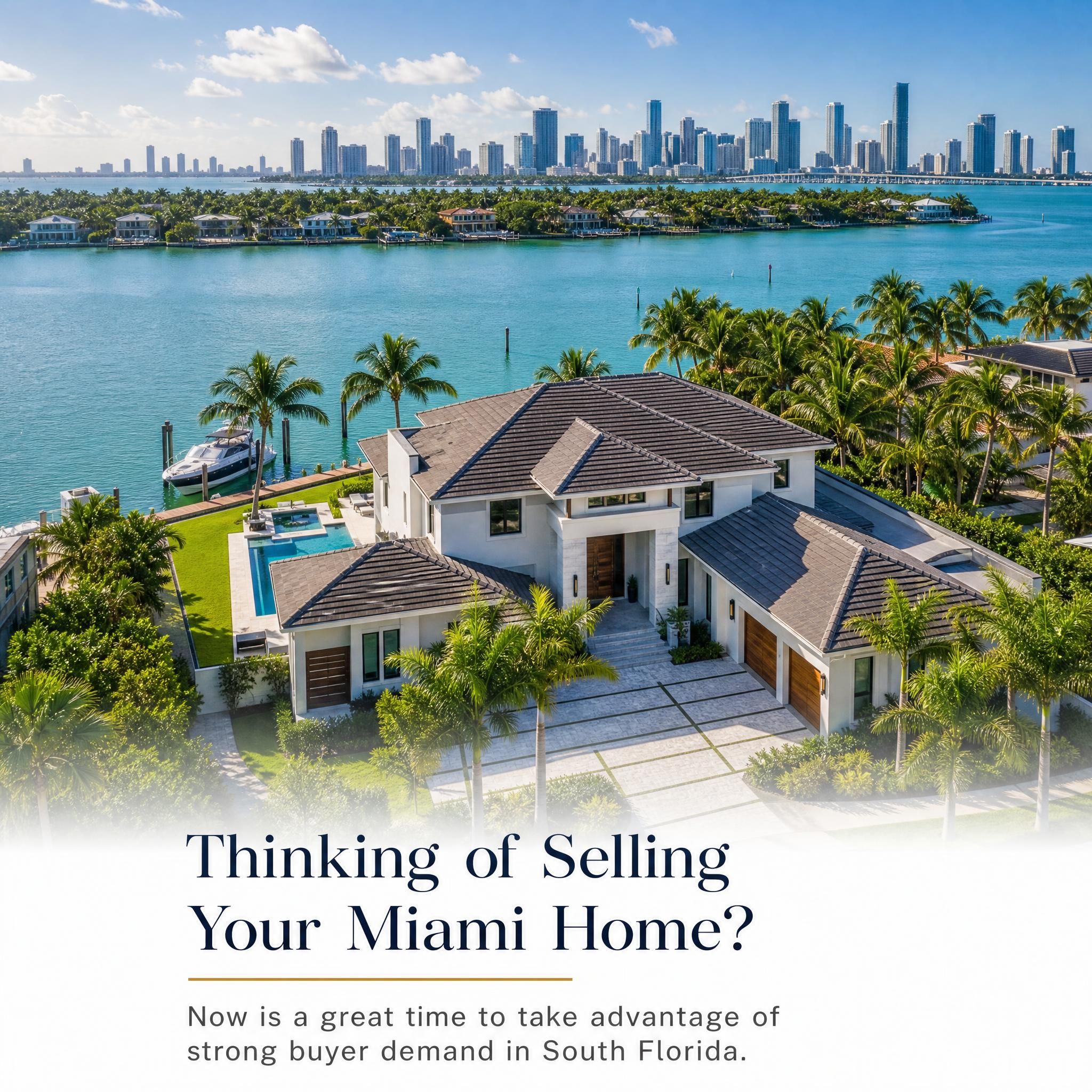 Aerial view of a luxury waterfront home in Miami-Dade County with the Miami skyline in the background, representing South Florida real estate for sellers