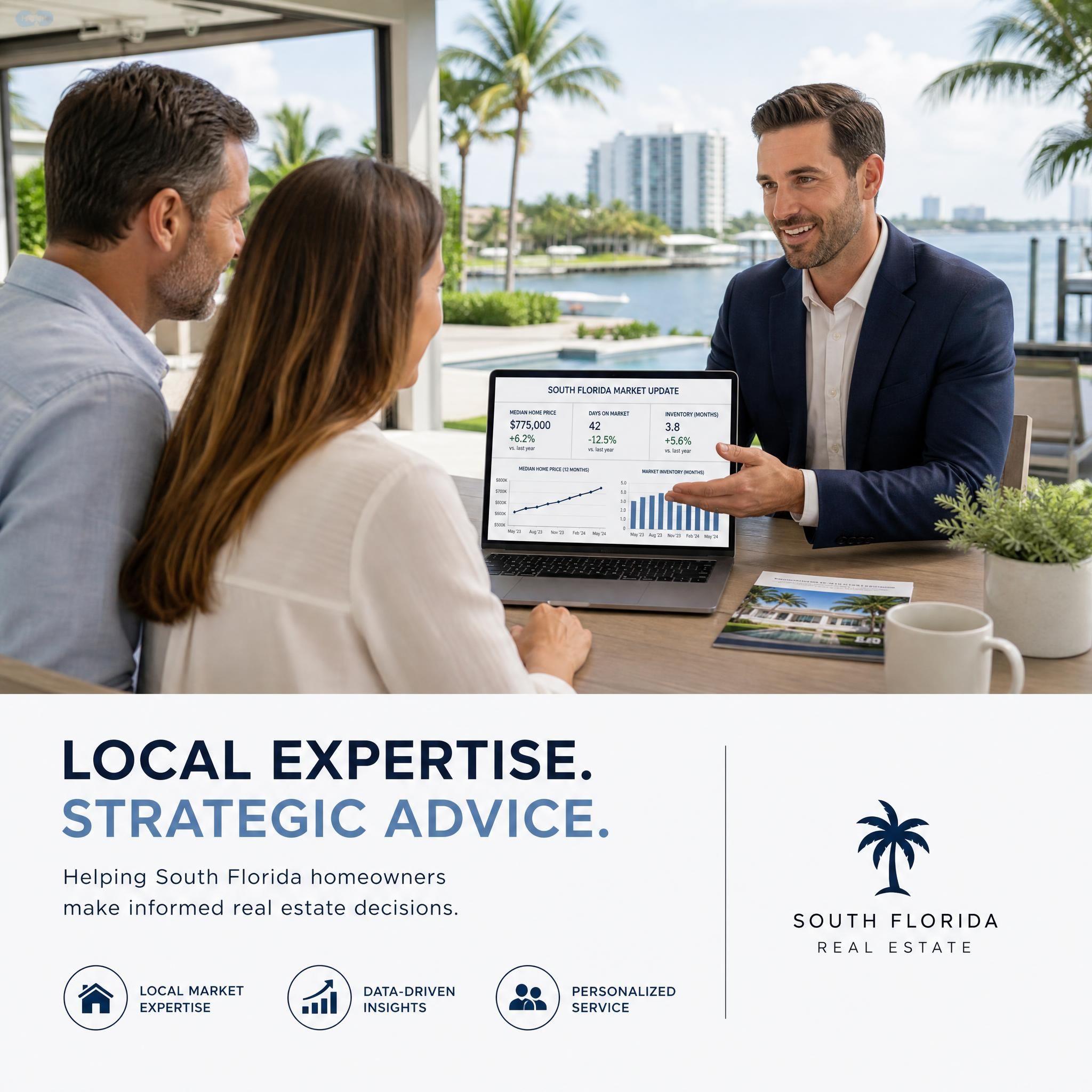 Professional real estate consultation scene with an agent presenting market data to homeowners at a modern South Florida property