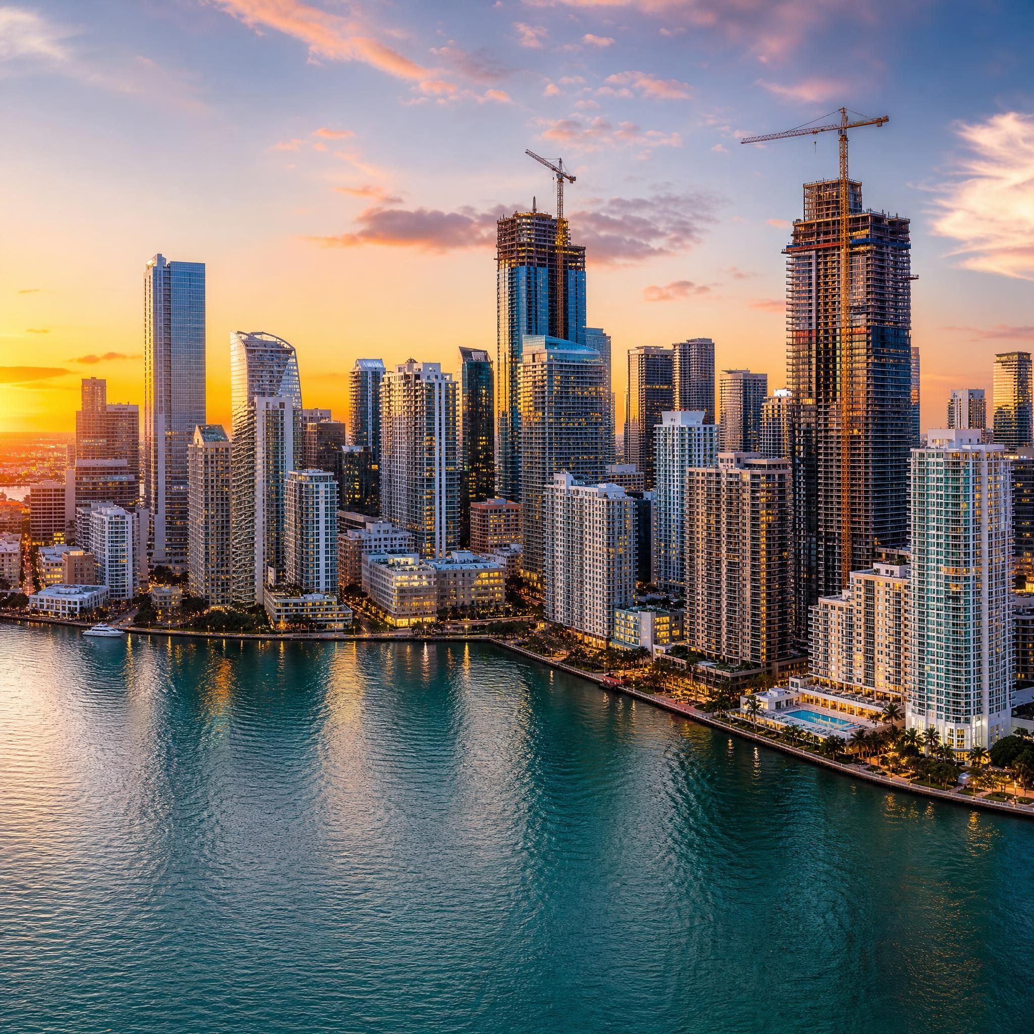 Aerial view of Miami's Brickell skyline at sunset with Biscayne Bay in the foreground, showcasing luxury high-rise towers under construction