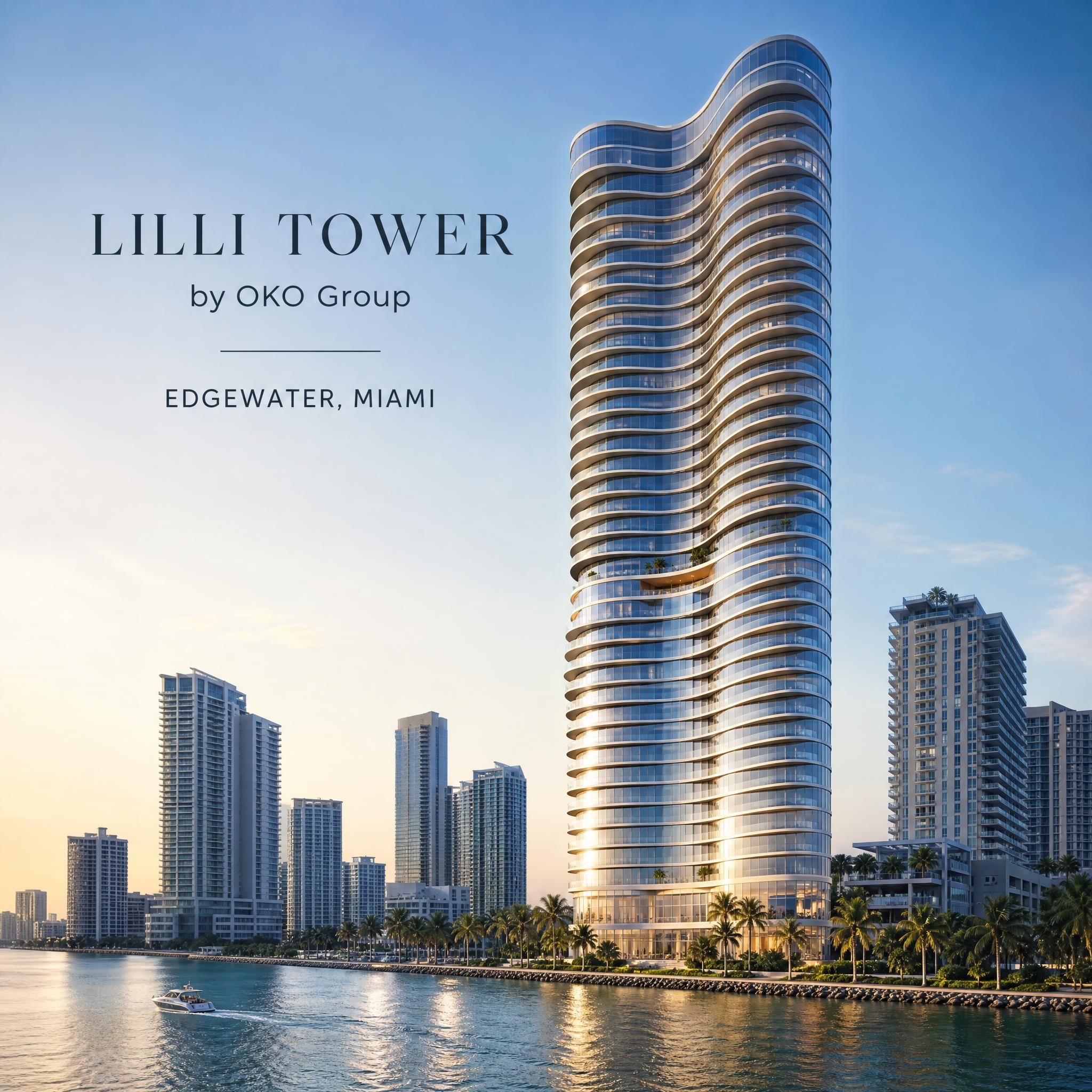 Architectural rendering of Lilli tower by OKO Group in Miami's Edgewater neighborhood, showing sinuous 53-story curved glass tower rising along Biscayne Bay waterfront