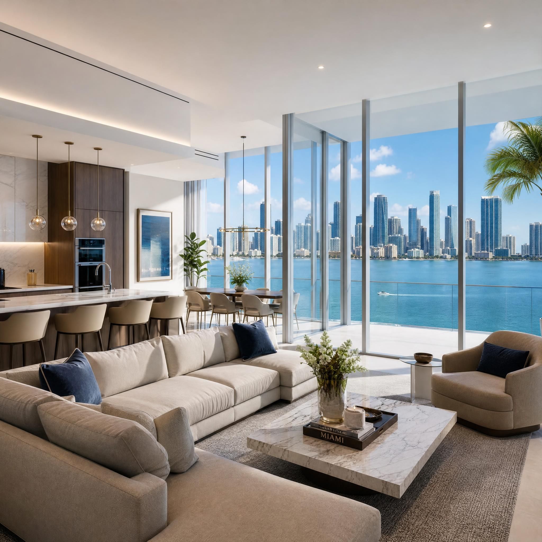 Luxury waterfront condo interior with floor-to-ceiling windows overlooking Biscayne Bay and the Miami skyline, featuring open-concept living space with premium finishes