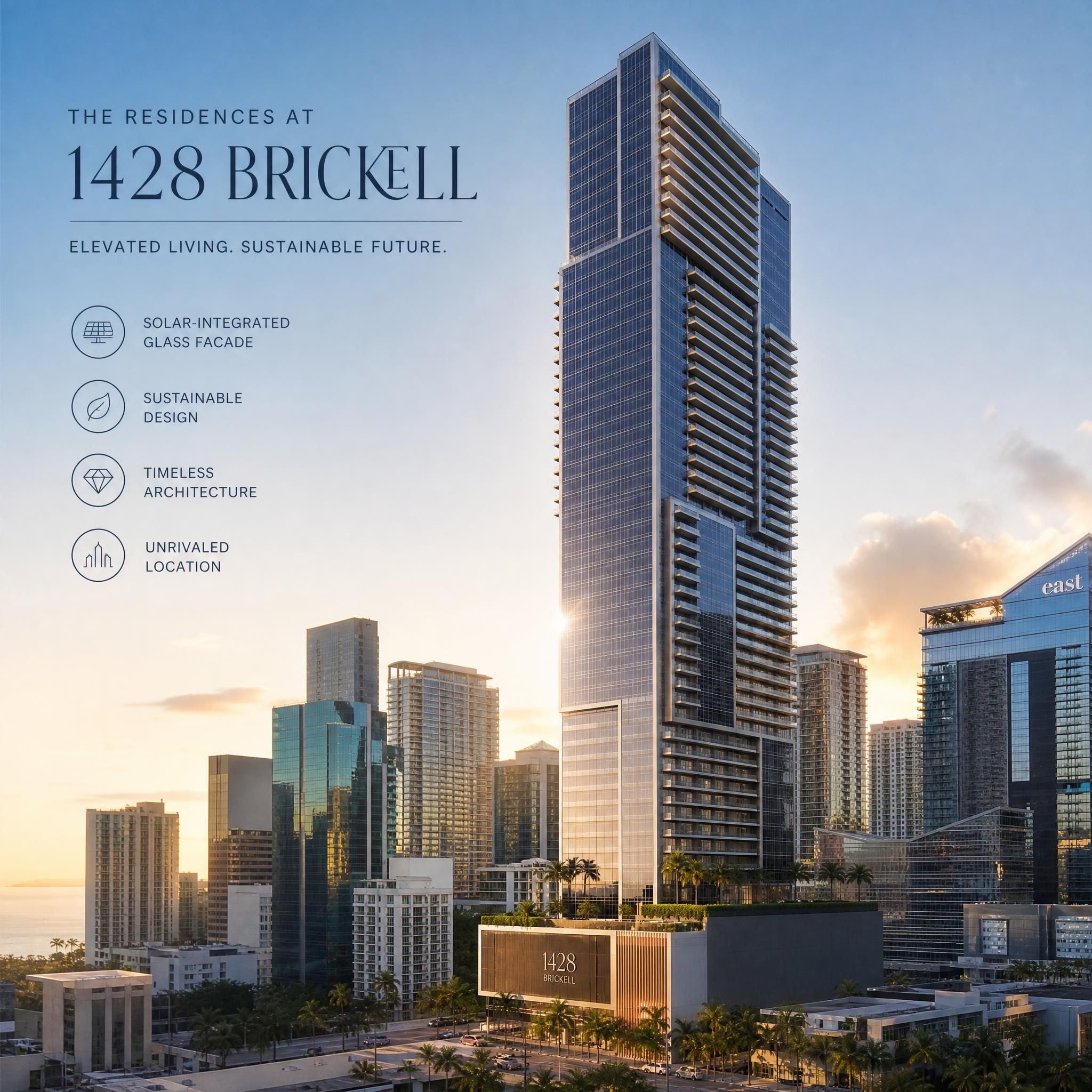Architectural rendering of The Residences at 1428 Brickell, a 70-story glass tower with solar-integrated facade rising above the Brickell Financial District