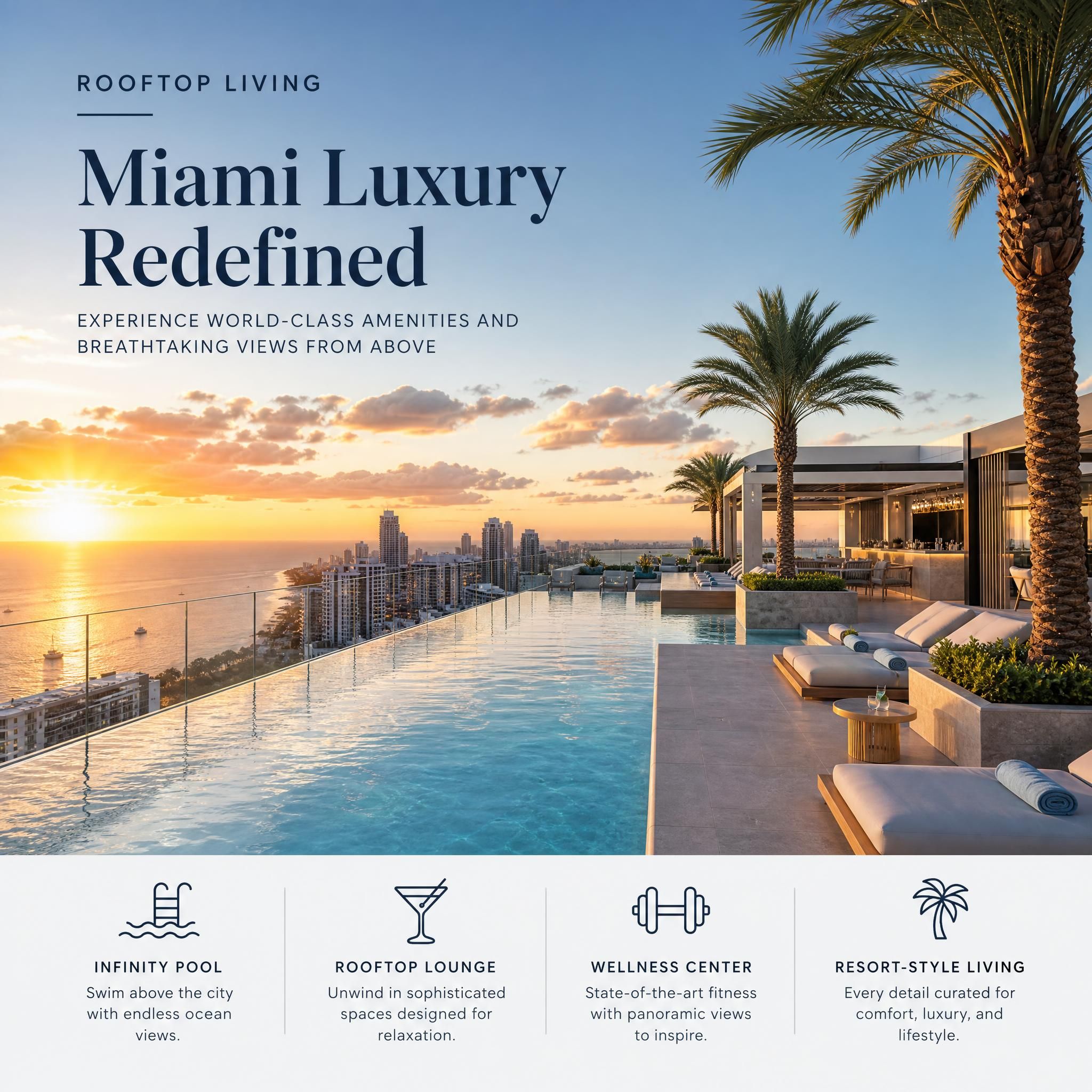 Rooftop pool terrace of a Miami luxury high-rise condo with panoramic ocean and city views at sunset, showcasing resort-style amenities