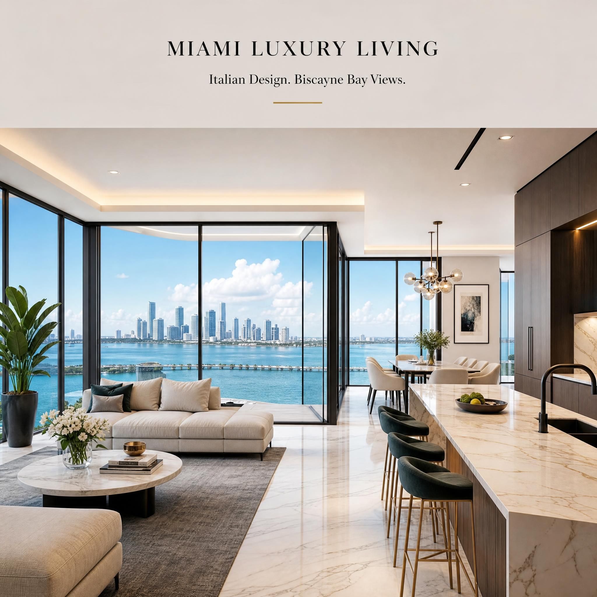 Elegant Miami luxury condo interior with floor-to-ceiling glass windows overlooking Biscayne Bay, showcasing open-plan living space with Italian marble finishes