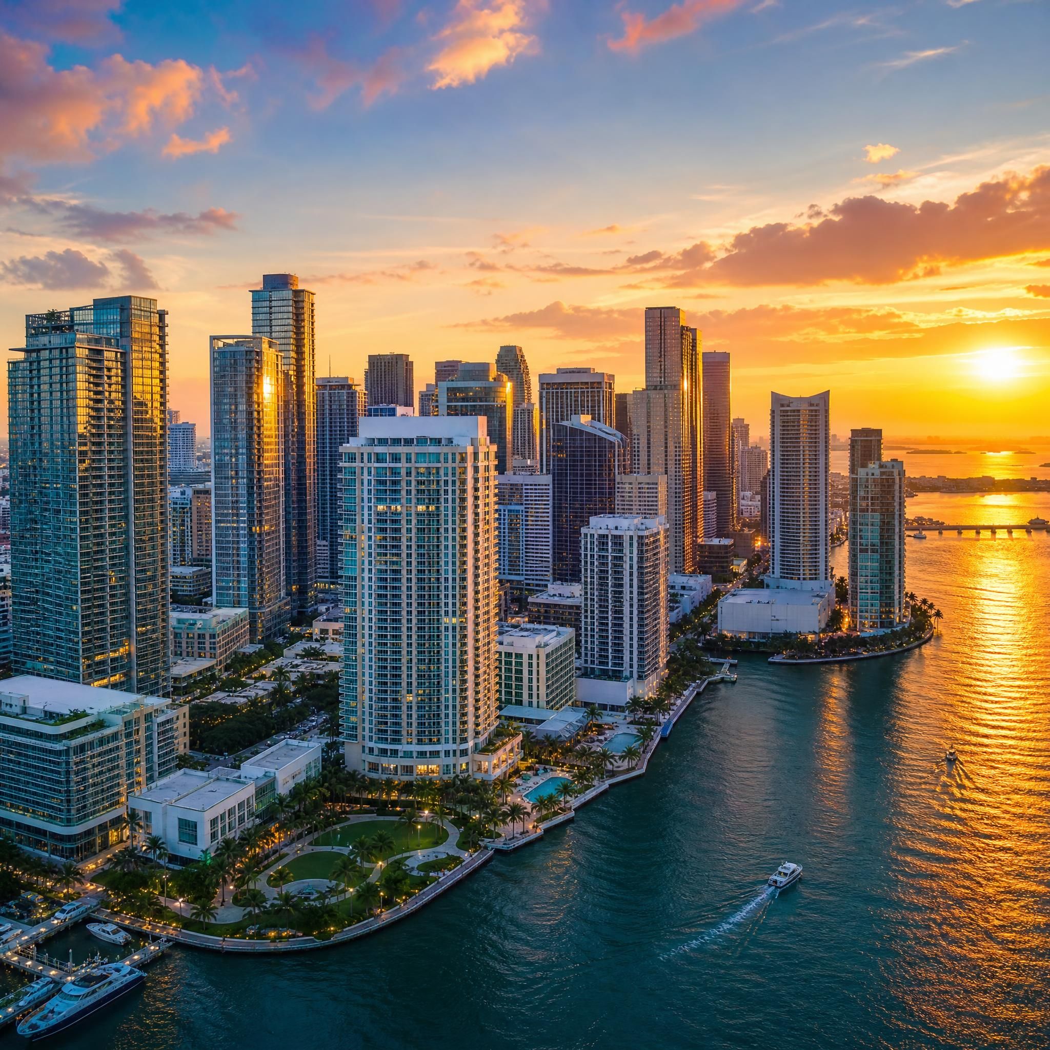 Aerial drone view of Miami's Brickell skyline at sunset with Biscayne Bay waterfront luxury towers reflecting golden light