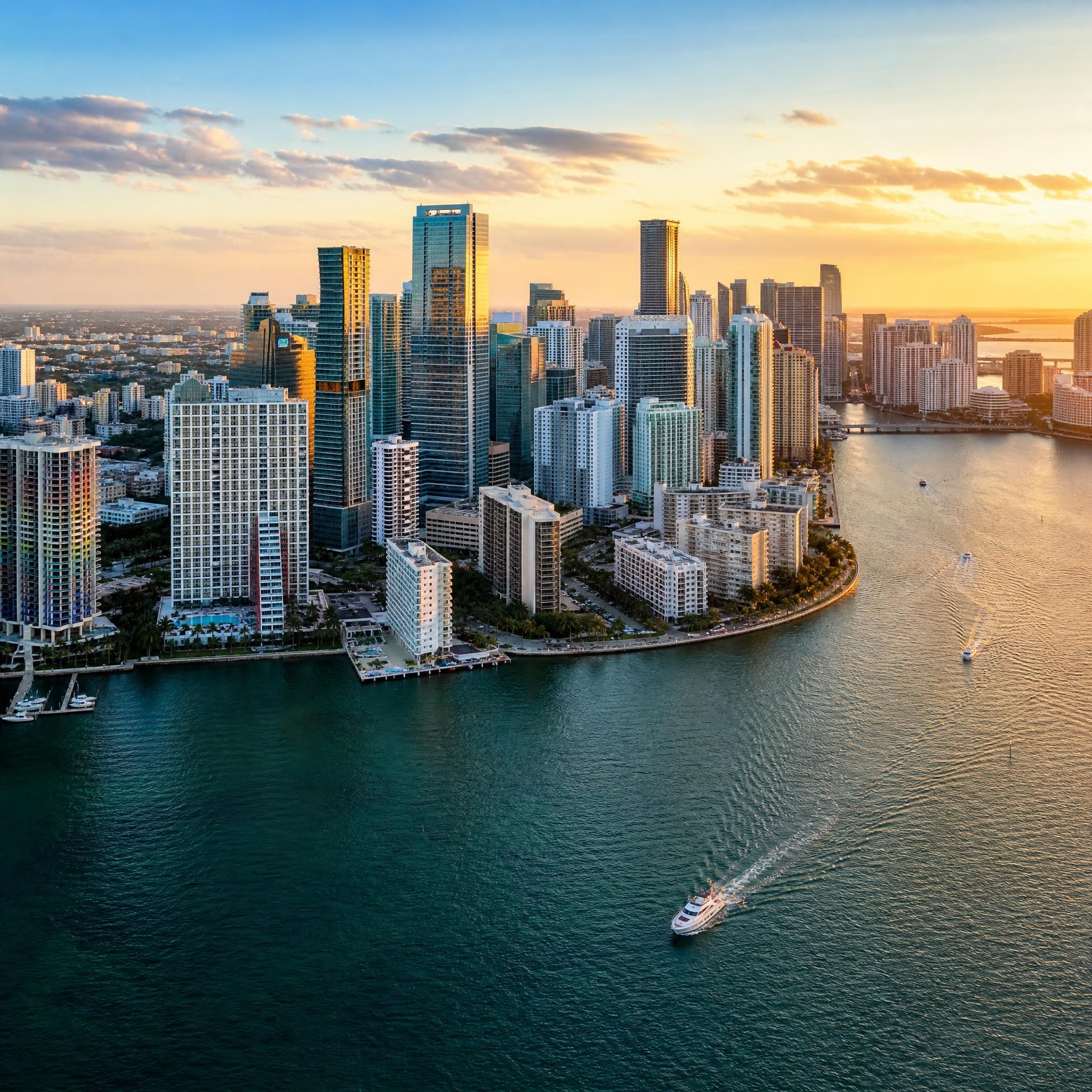 Aerial drone view of Miami's Brickell skyline and Biscayne Bay waterfront at golden hour, showcasing luxury high-rise towers