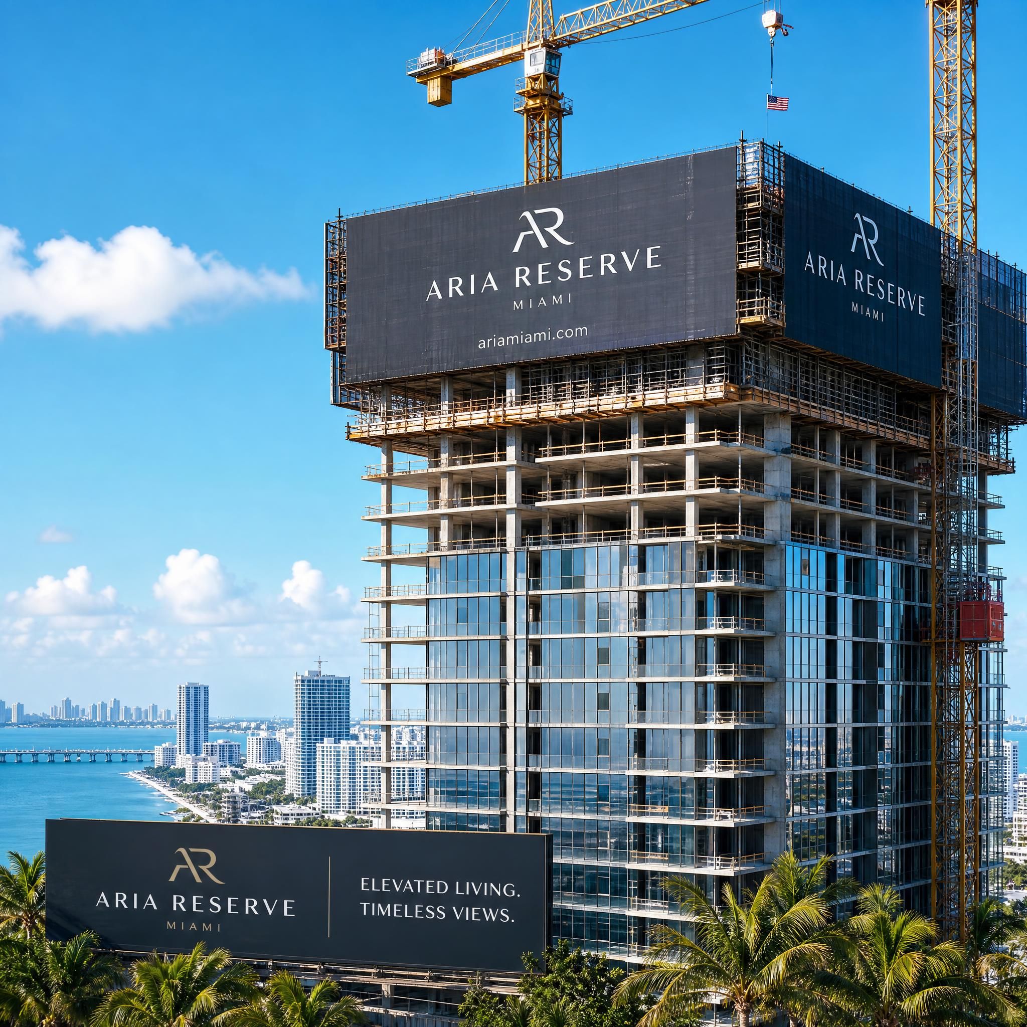 Luxury Miami condo tower under construction with branded signage, cranes visible against a blue sky