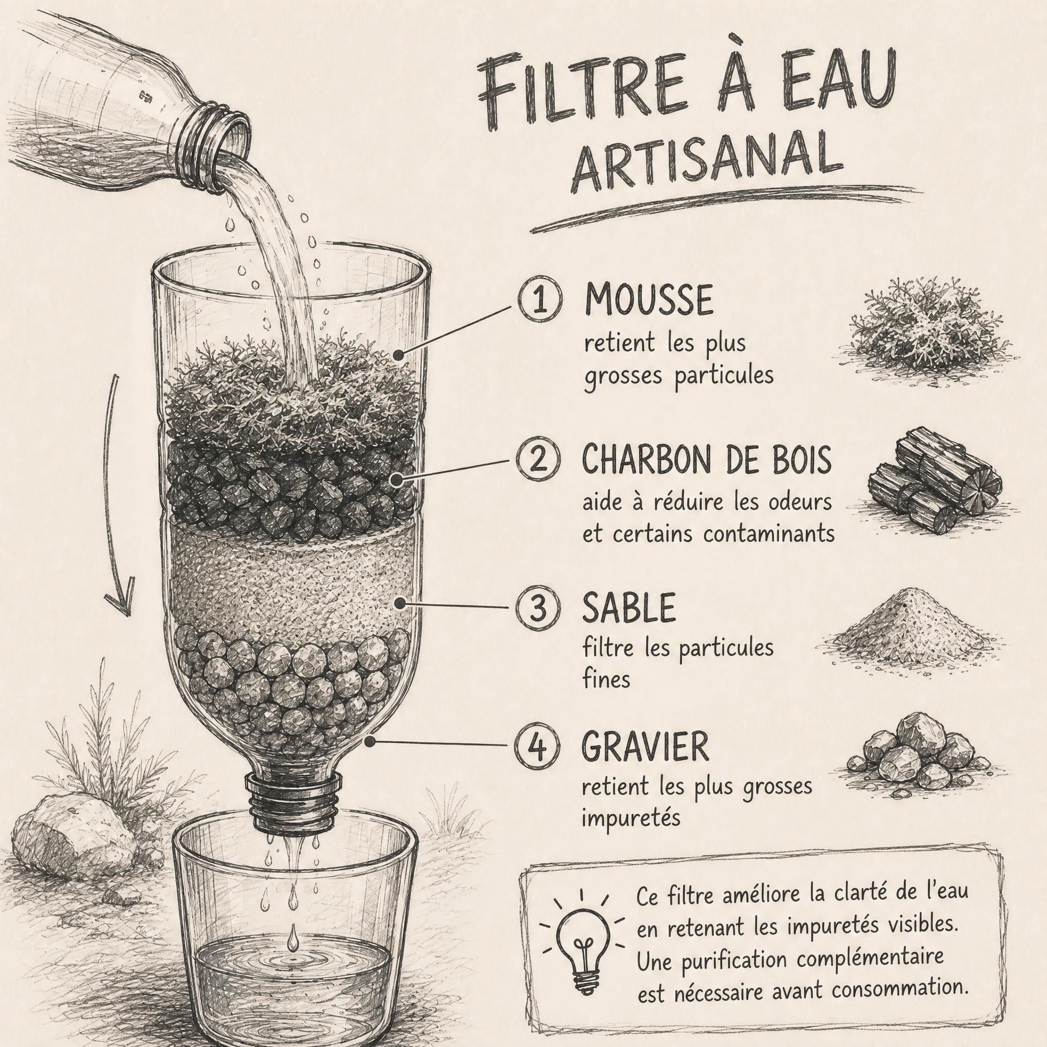Fabrication d'un filtre à eau artisanal en forêt avec bouteille plastique, charbon de bois, sable et gravier — technique bushcraft survie Madventure