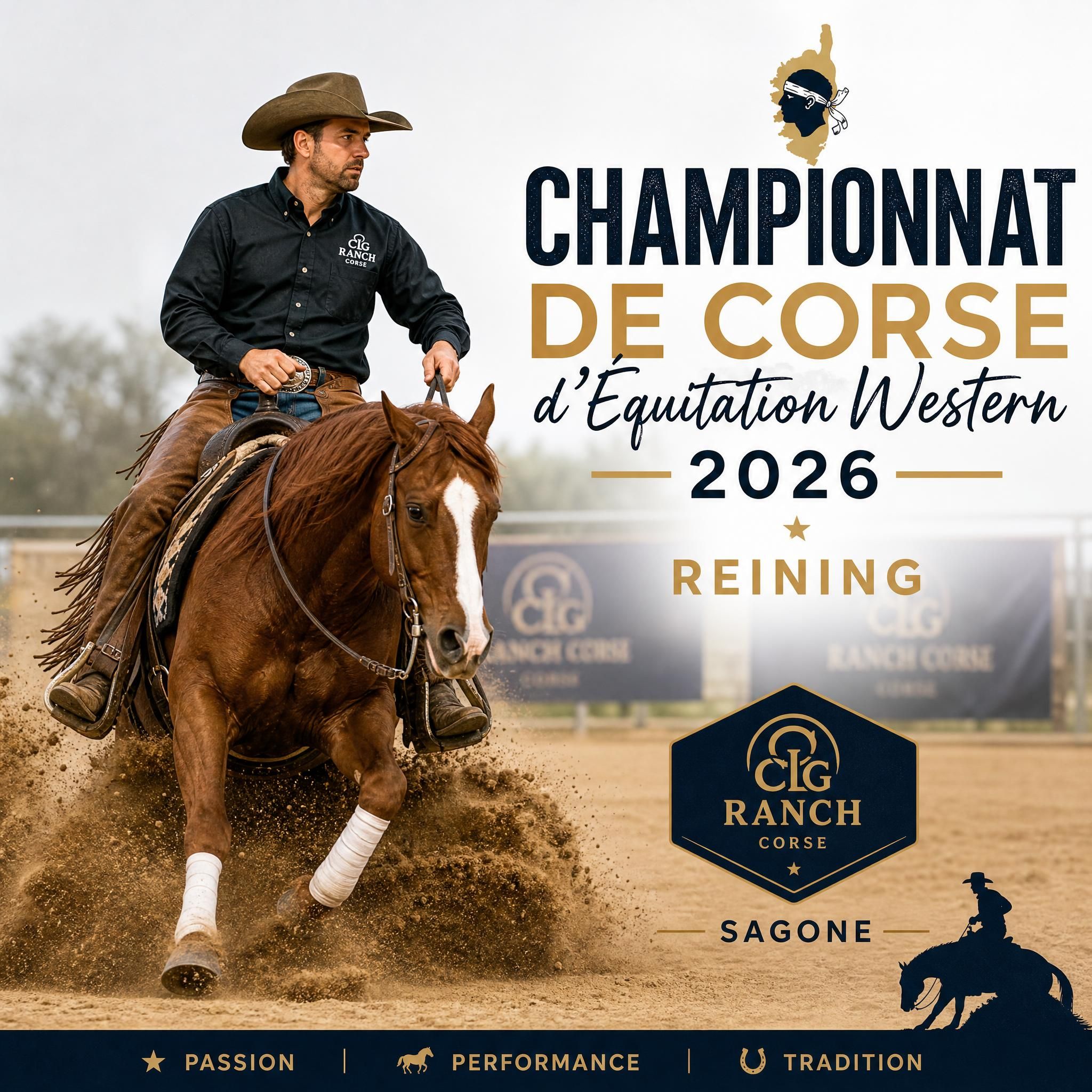 Cavalier en action lors d'une épreuve de reining au Championnat de Corse d'Équitation Western 2026, CLG Ranch Corse, Sagone