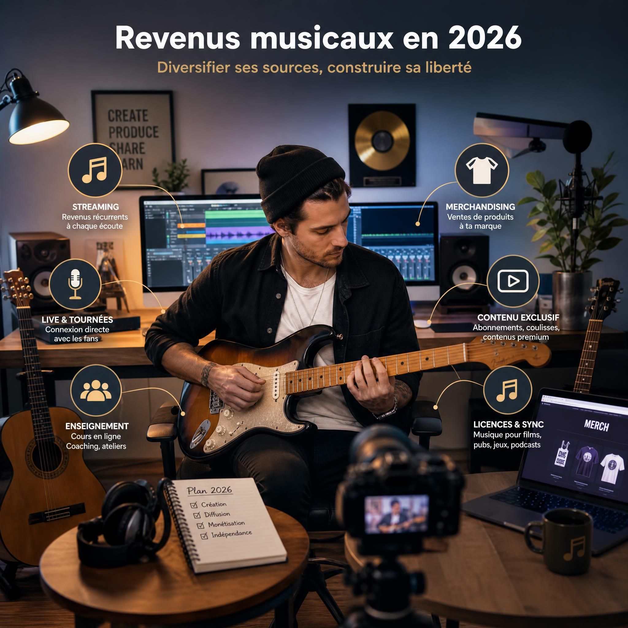 Musicien professionnel jouant de la guitare dans un studio moderne, entouré d'instruments, symbolisant la diversité des revenus musicaux en 2026