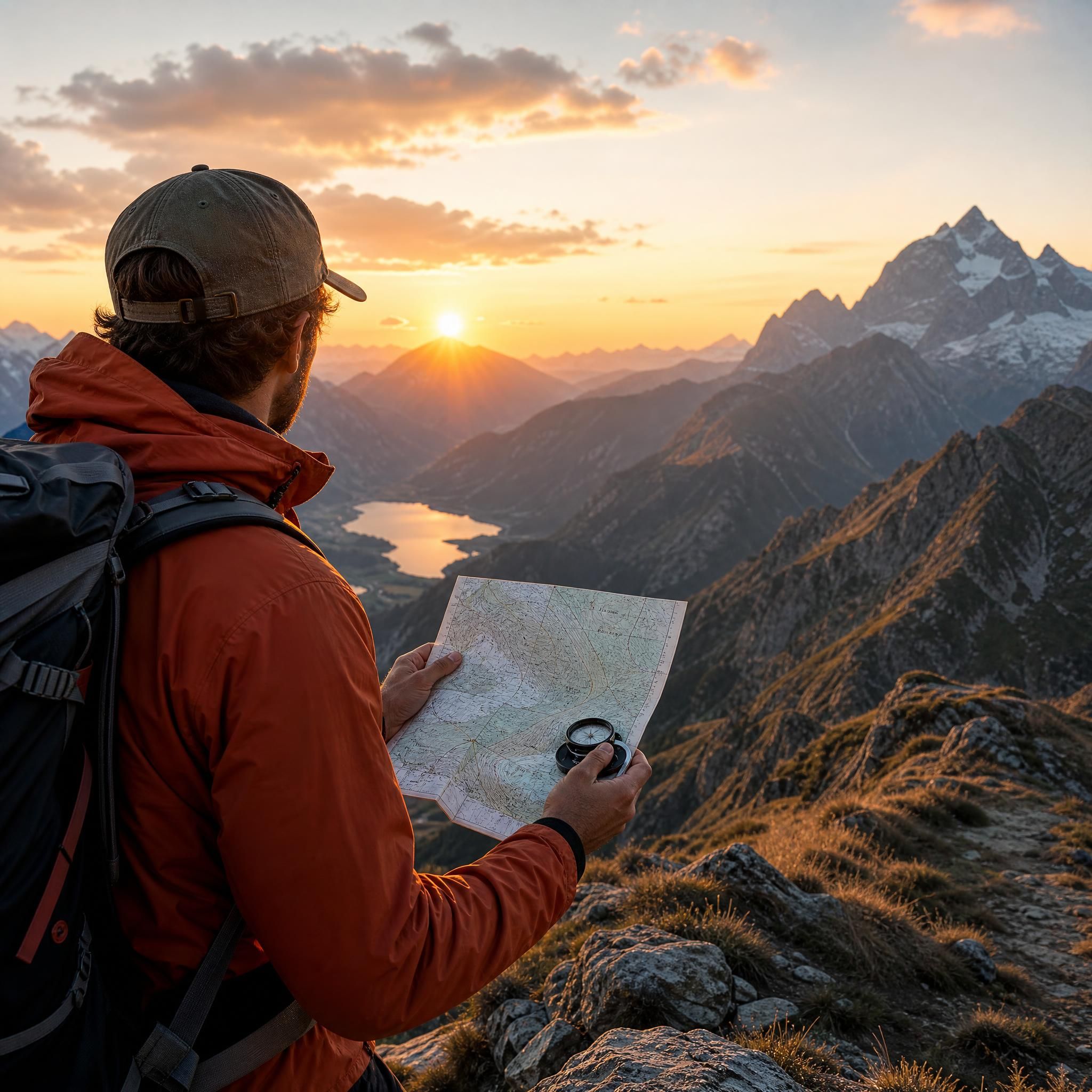 Aventurier en montagne tenant une carte topographique et une boussole au coucher du soleil, paysage alpin en arrière-plan
