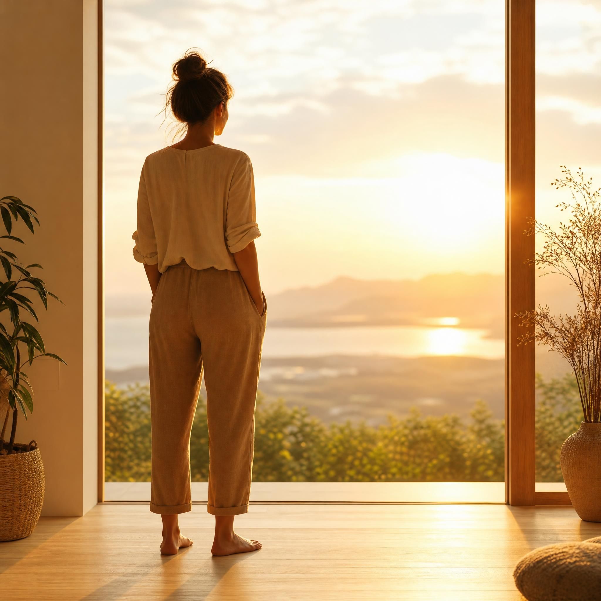 Femme debout pieds nus sur un sol en bois clair, regard vers l'horizon, posture détendue et ancrée, lumière chaude dorée en arrière-plan, symbolisant l'ancrage et la stabilité intérieure