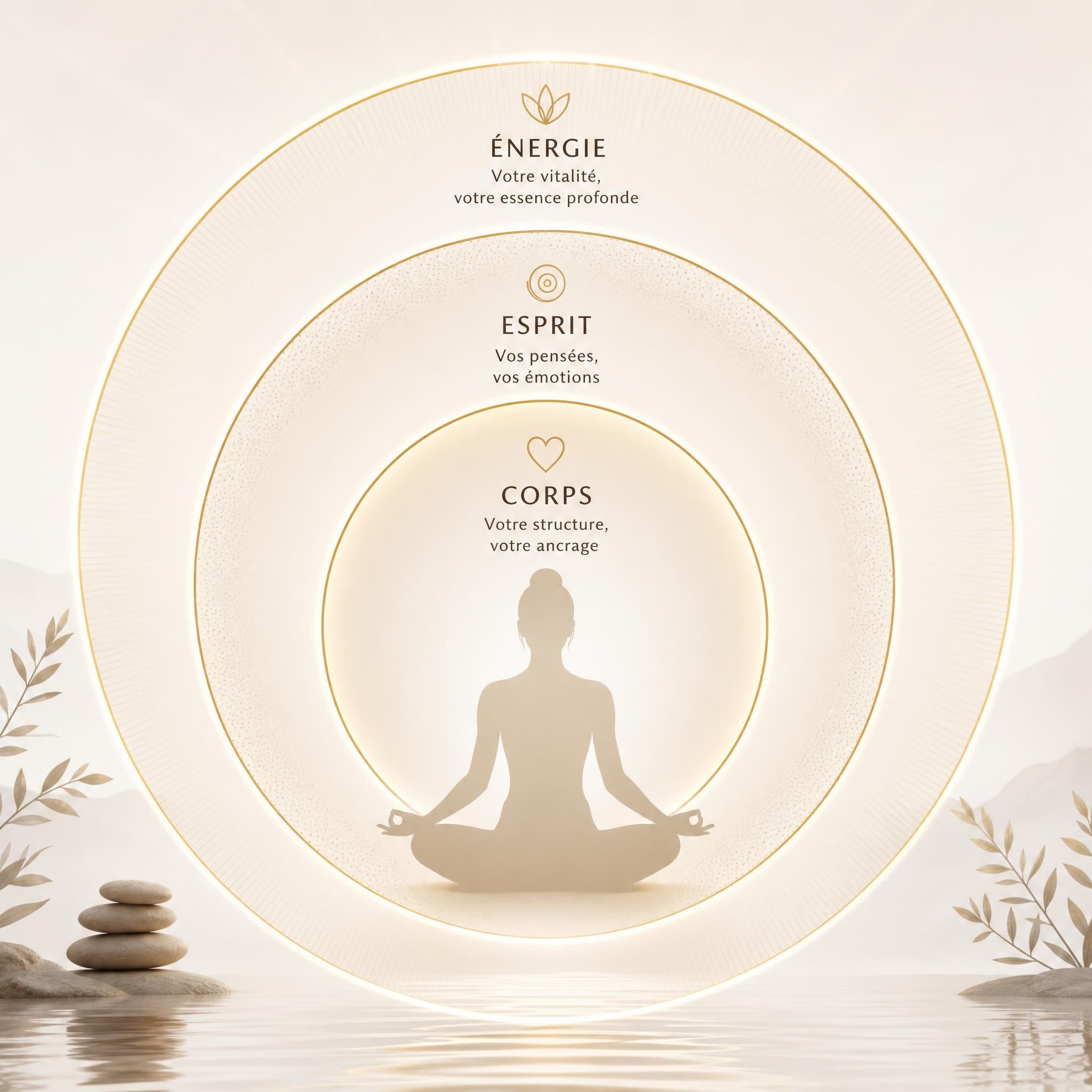 Illustration apaisante montrant les trois niveaux corps-esprit-énergie, représentés par des cercles concentriques lumineux dans des tons doux or et blanc, style minimaliste bien-être